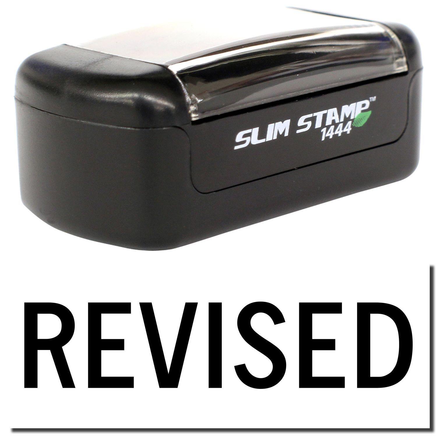 Slim Pre-Inked Revised Stamp in black with REVISED text displayed below. Compact design with clear cover.