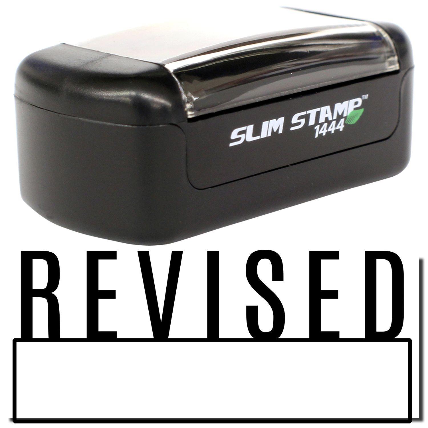 Black Slim Pre-Inked Revised with Box Stamp, compact design, featuring 'REVISED' text and a blank box for customization.