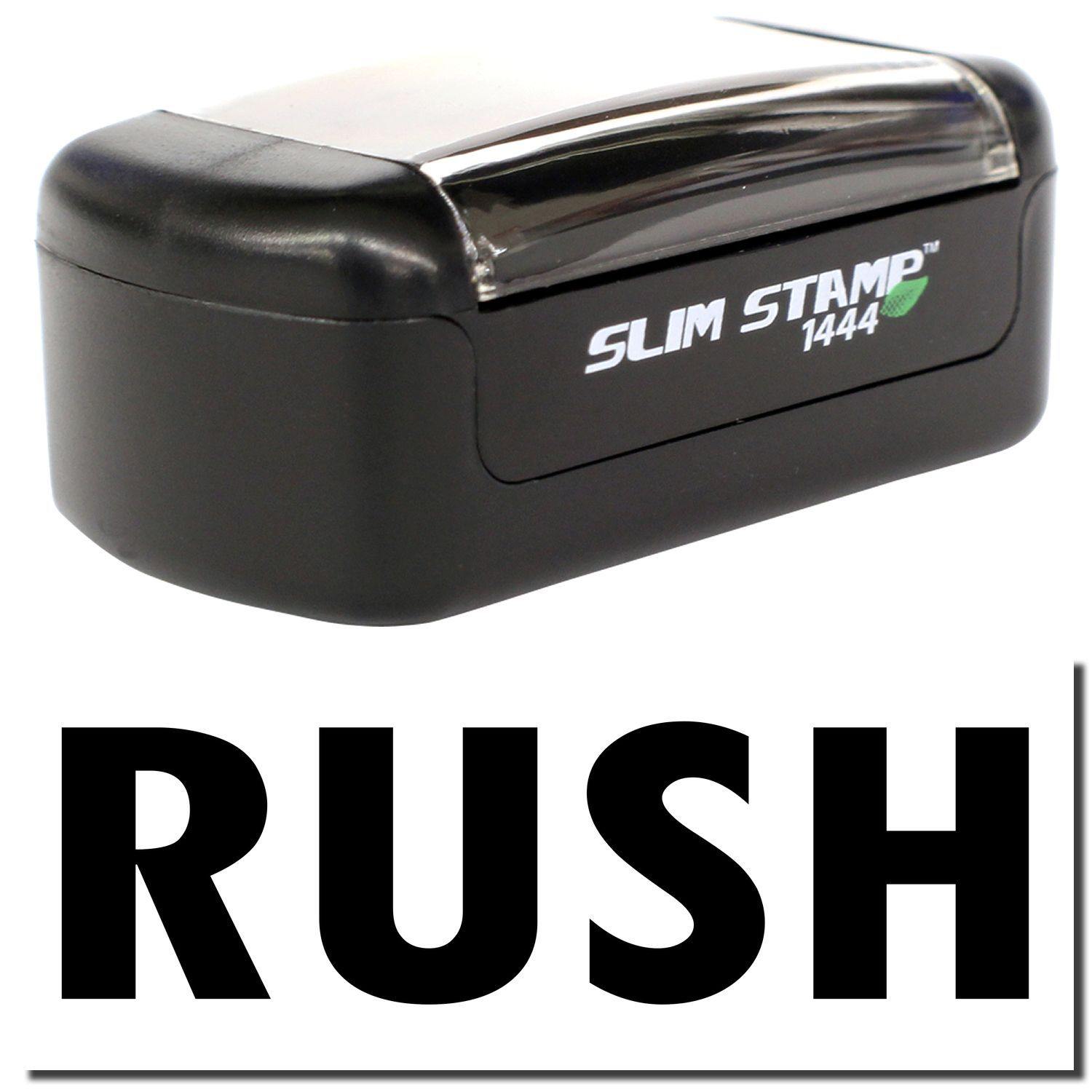 Slim Pre-Inked Rush Stamp with black casing and clear cover, labeled SLIM STAMP 1444 above the word RUSH in bold letters.