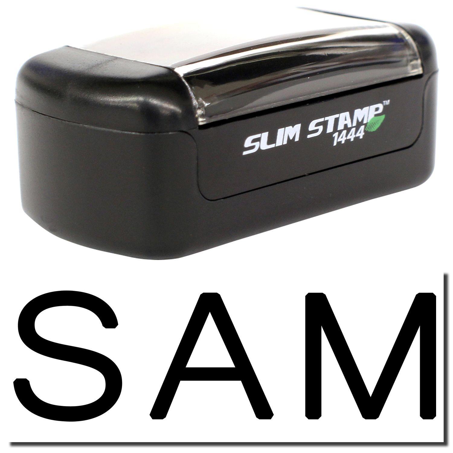 Slim Pre-Inked SAM Stamp in black, compact design with clear cover, and SAM logo prominently displayed.