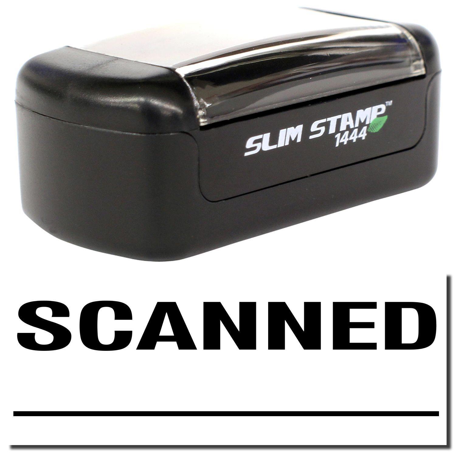 Slim Pre-Inked Scanned with Line Stamp in black, featuring a compact design and clear SCANNED text with a line underneath.