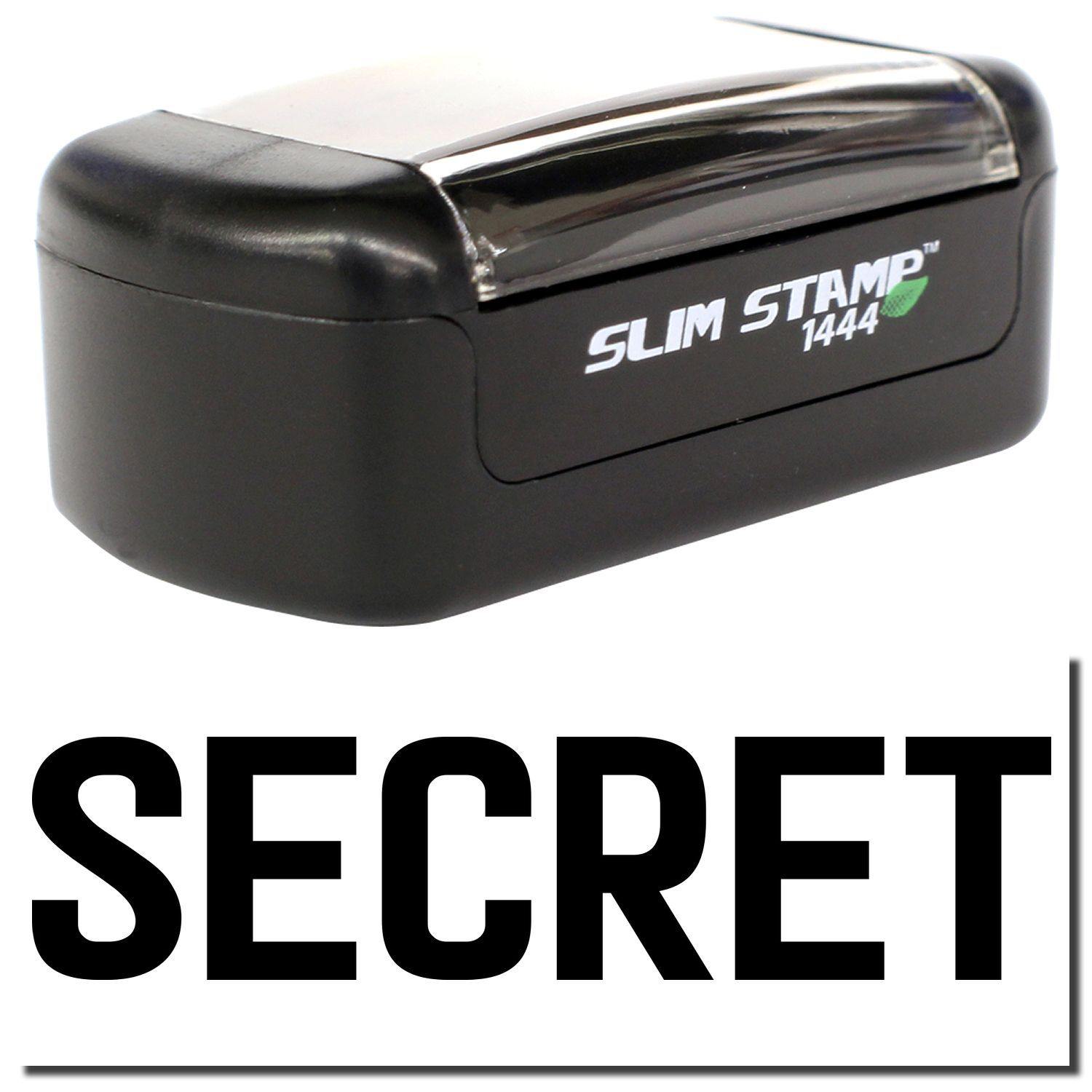 Slim Pre-Inked Secret Stamp in black, compact design with SLIM STAMP 1444 label, and the word SECRET in bold below.