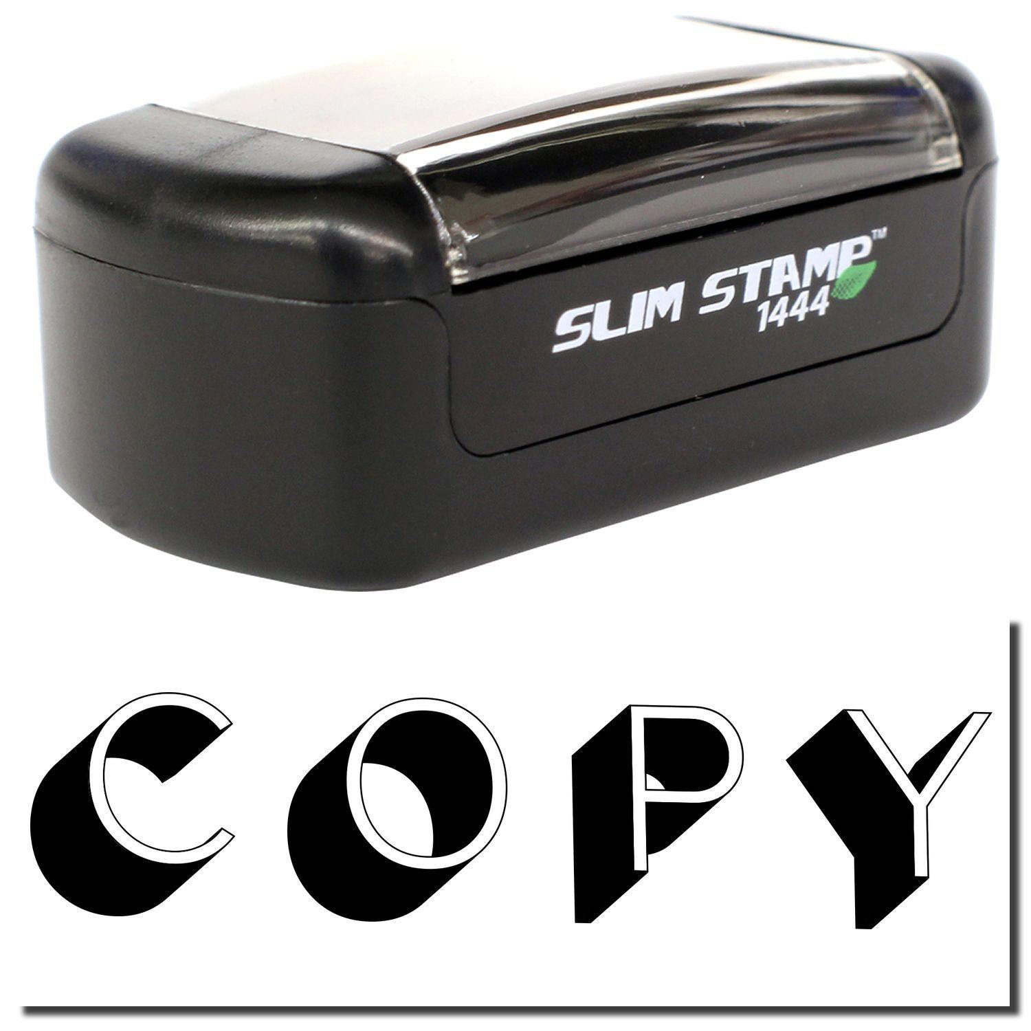 Slim Pre-Inked Shadow Copy Stamp with black casing and clear cover, shown with the word COPY stamped below.