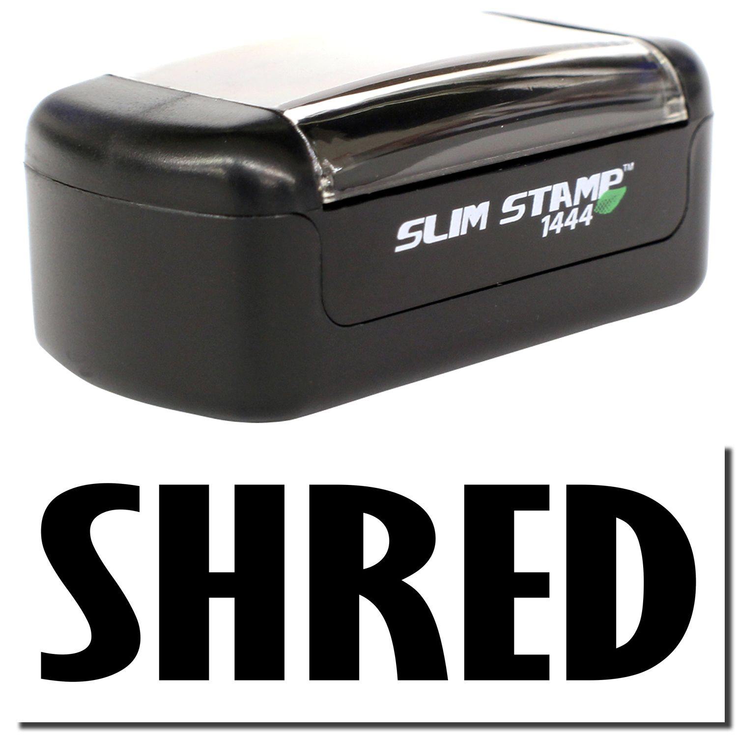 Slim Pre-Inked Shred Stamp in black, shown with a clear cover and the word SHRED in bold black letters below the stamp.