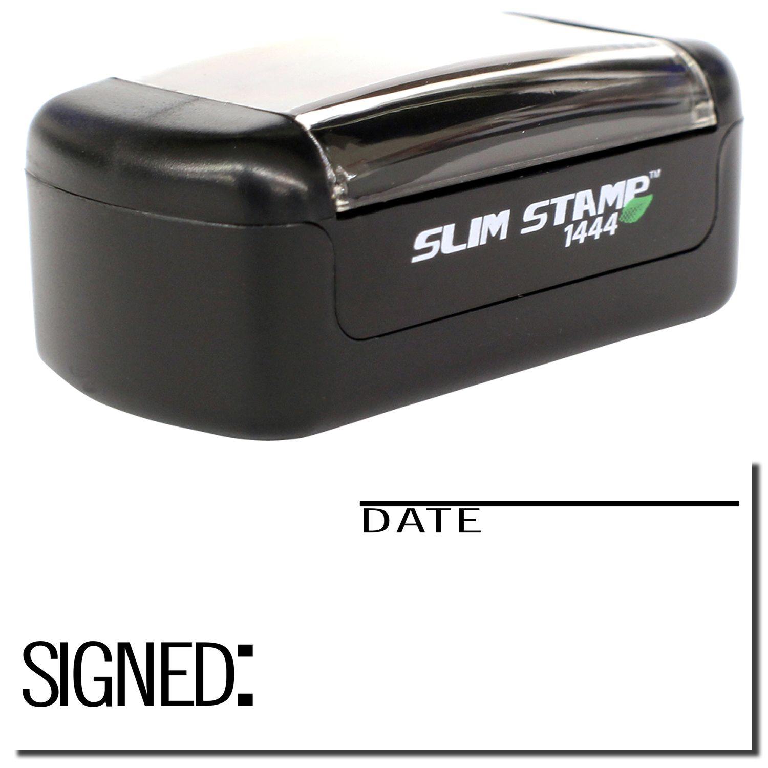 Slim Pre-Inked Signed with Date Stamp, black, compact design, shown with DATE and SIGNED: fields for document marking.