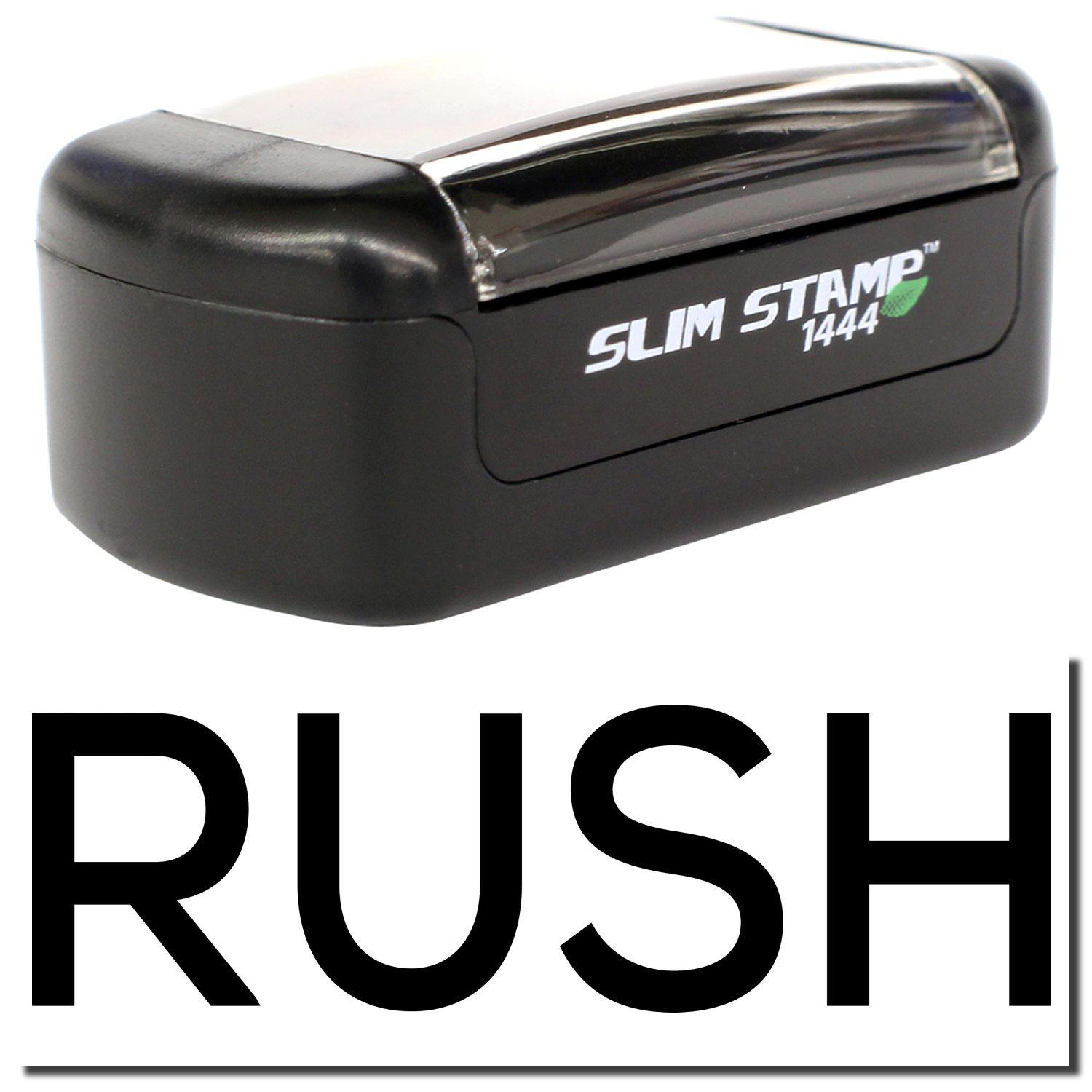 Slim Pre-Inked Skinny Rush Stamp with black casing and clear top, displaying the word RUSH in bold black letters below.