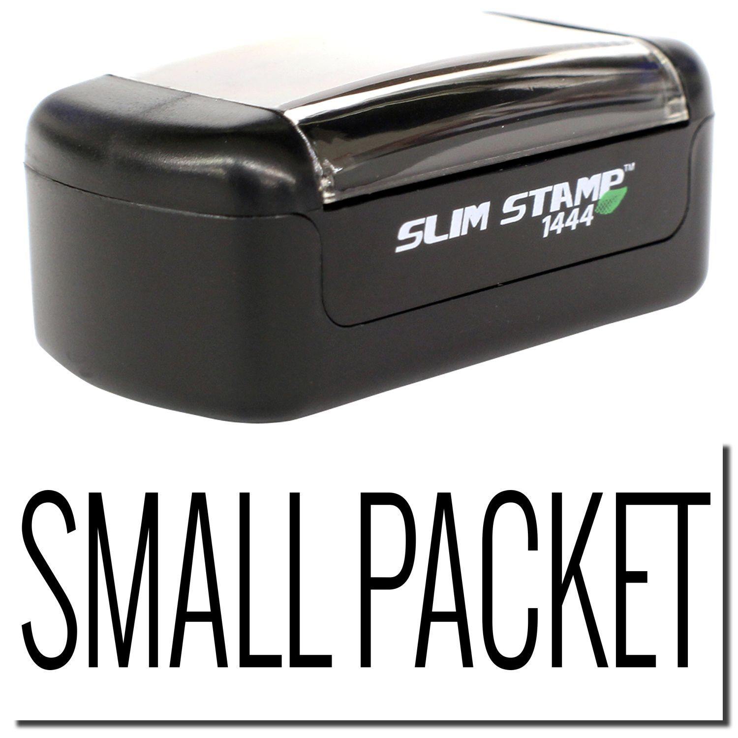 Slim Pre-Inked Small Packet Stamp in black, compact design, with SLIM STAMP 1444 text on the side, ideal for small packets.