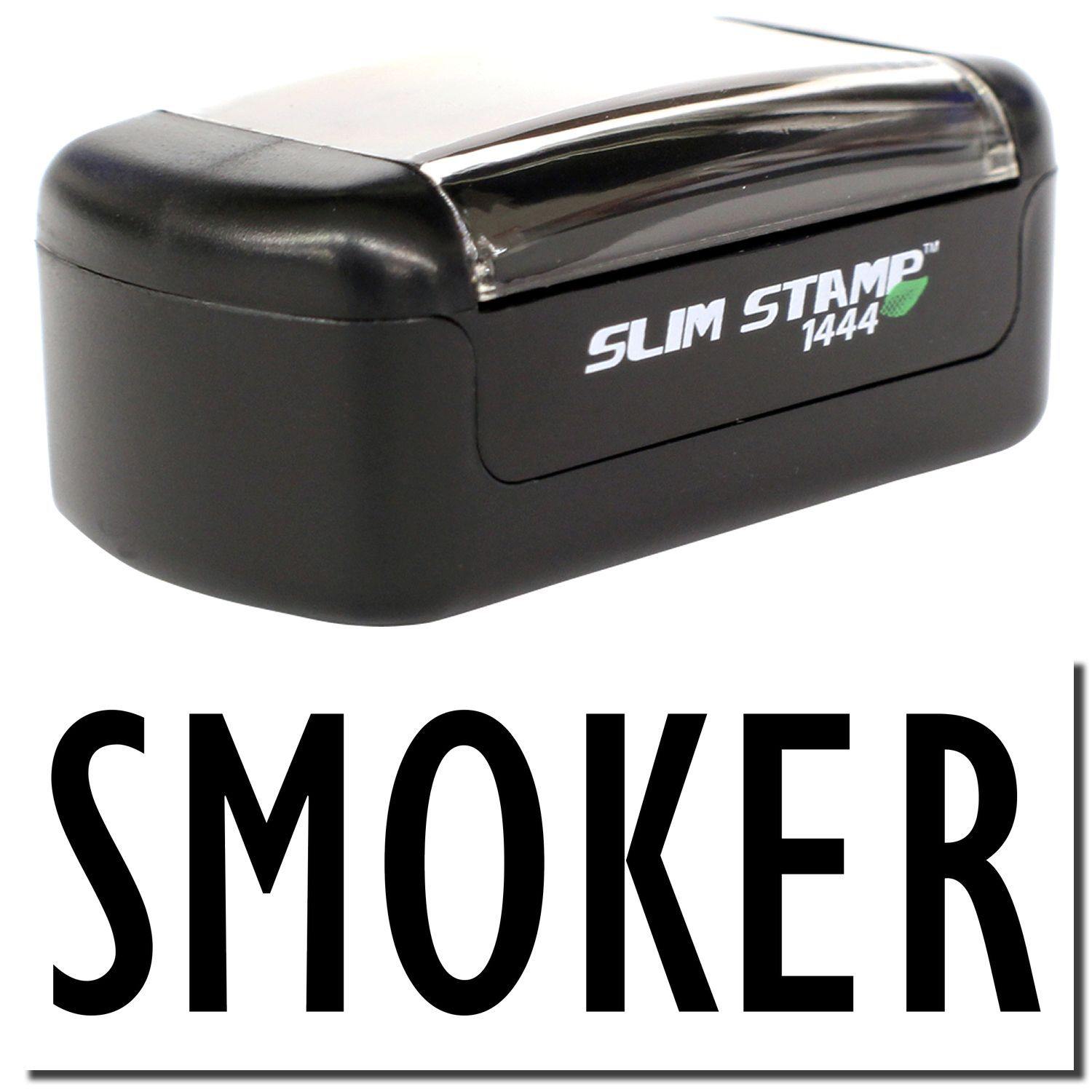 Slim Pre-Inked Smoker Stamp in black with a clear cover, featuring the word 'SMOKER' in bold letters below the stamp.