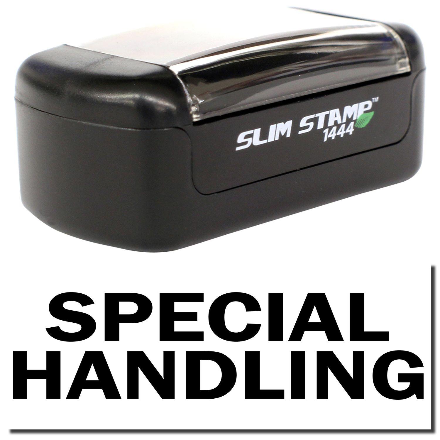 Slim Pre-Inked Special Handling Stamp with black casing and clear top, displaying SPECIAL HANDLING text in bold black letters.