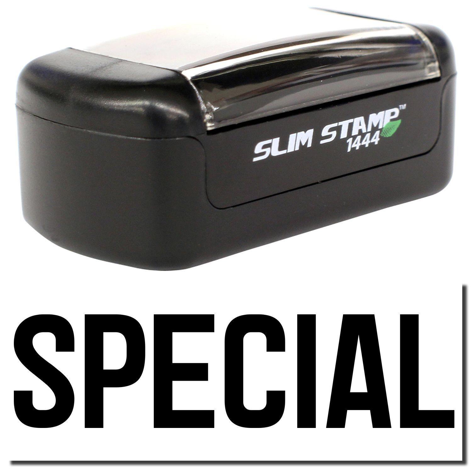 Slim Pre-Inked Special Stamp with black casing and clear top, displaying the word 'SPECIAL' in bold black letters below.