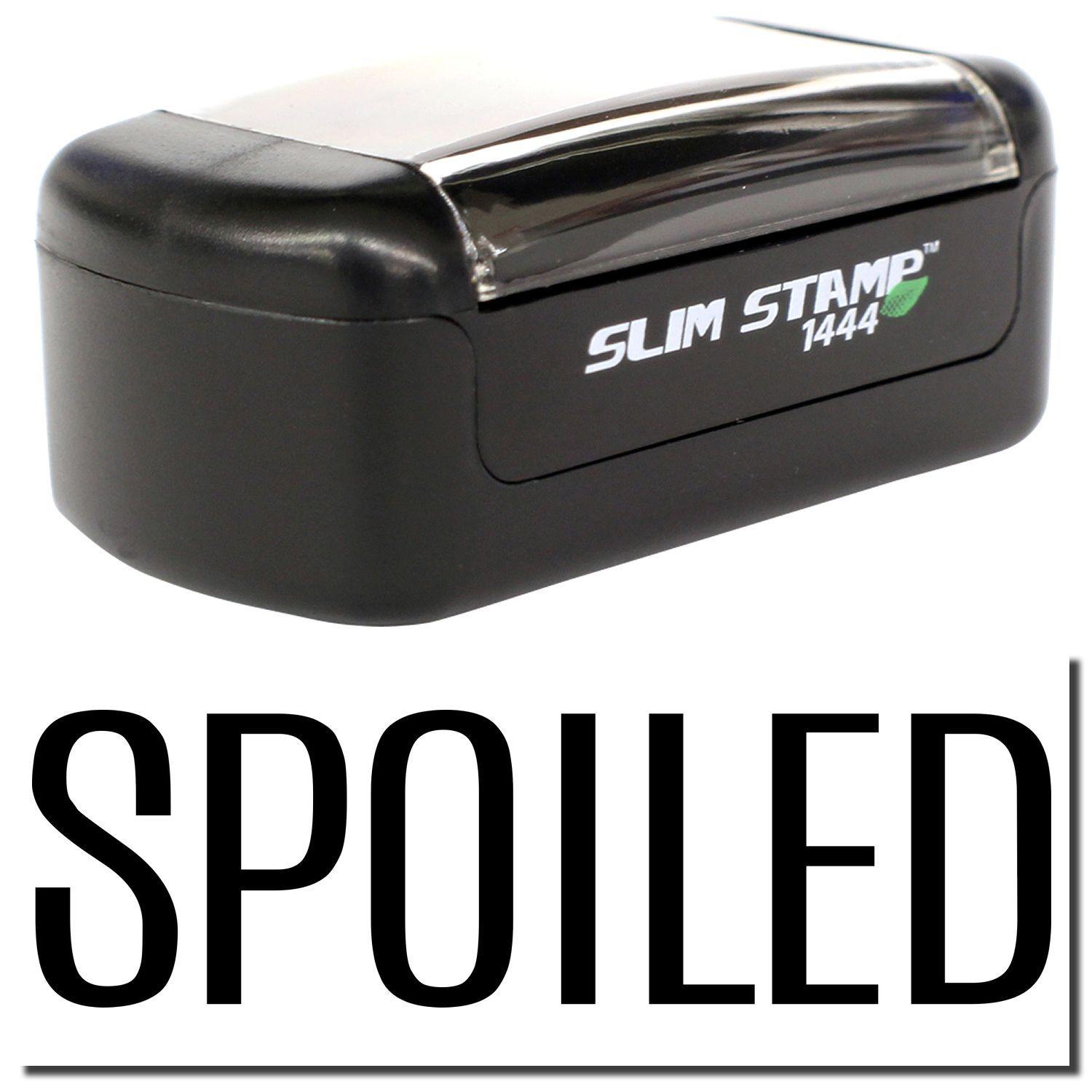 Slim Pre-Inked Spoiled Stamp with black casing and clear cover, displaying the word SPOILED in bold black letters.