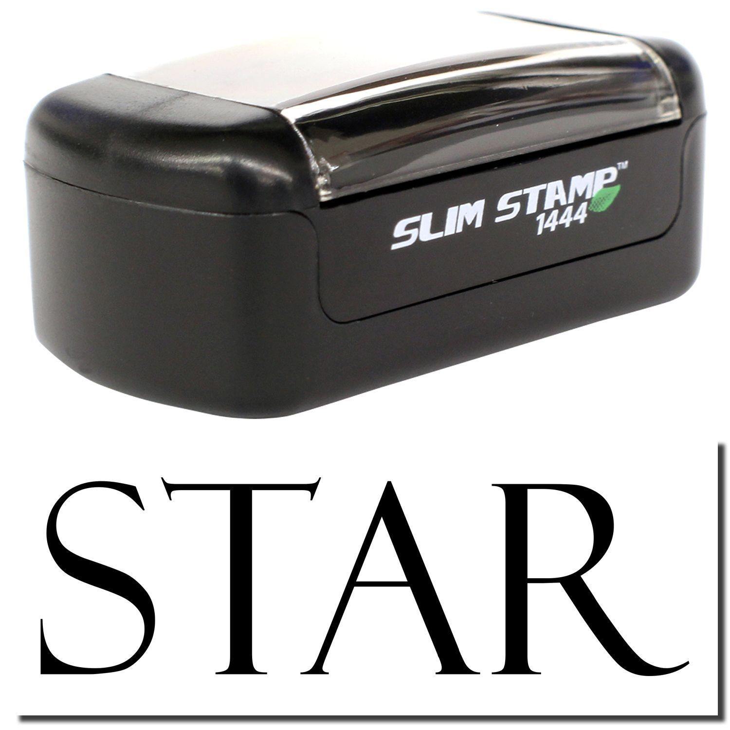 Slim Pre-Inked Star Stamp in black with a clear cover, shown above a large STAR text.