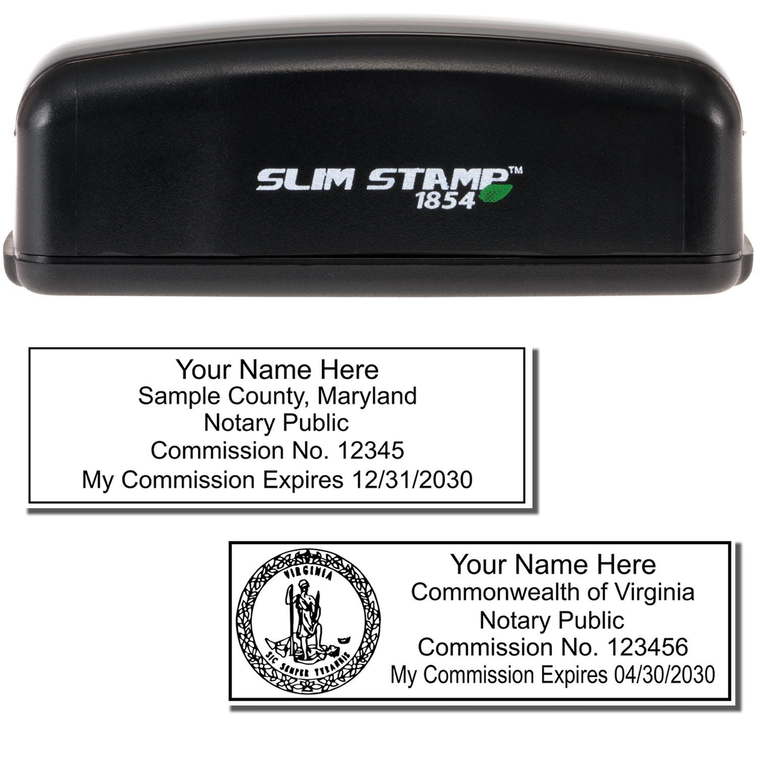 Slim Pre-Inked State Seal Notary Stamp with black casing and customizable notary public information for Maryland and Virginia.