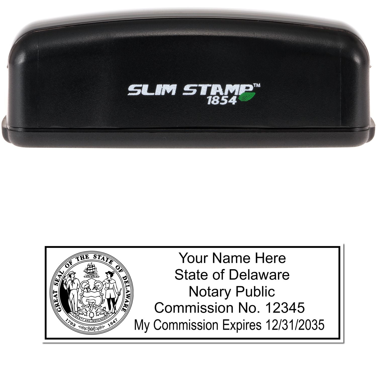 The main image for the Slim Pre-Inked State Seal Notary Stamp for Delaware depicting a sample of the imprint and electronic files