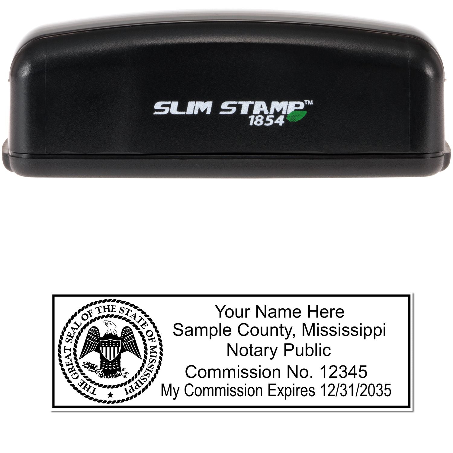 The main image for the Slim Pre-Inked State Seal Notary Stamp for Mississippi depicting a sample of the imprint and electronic files