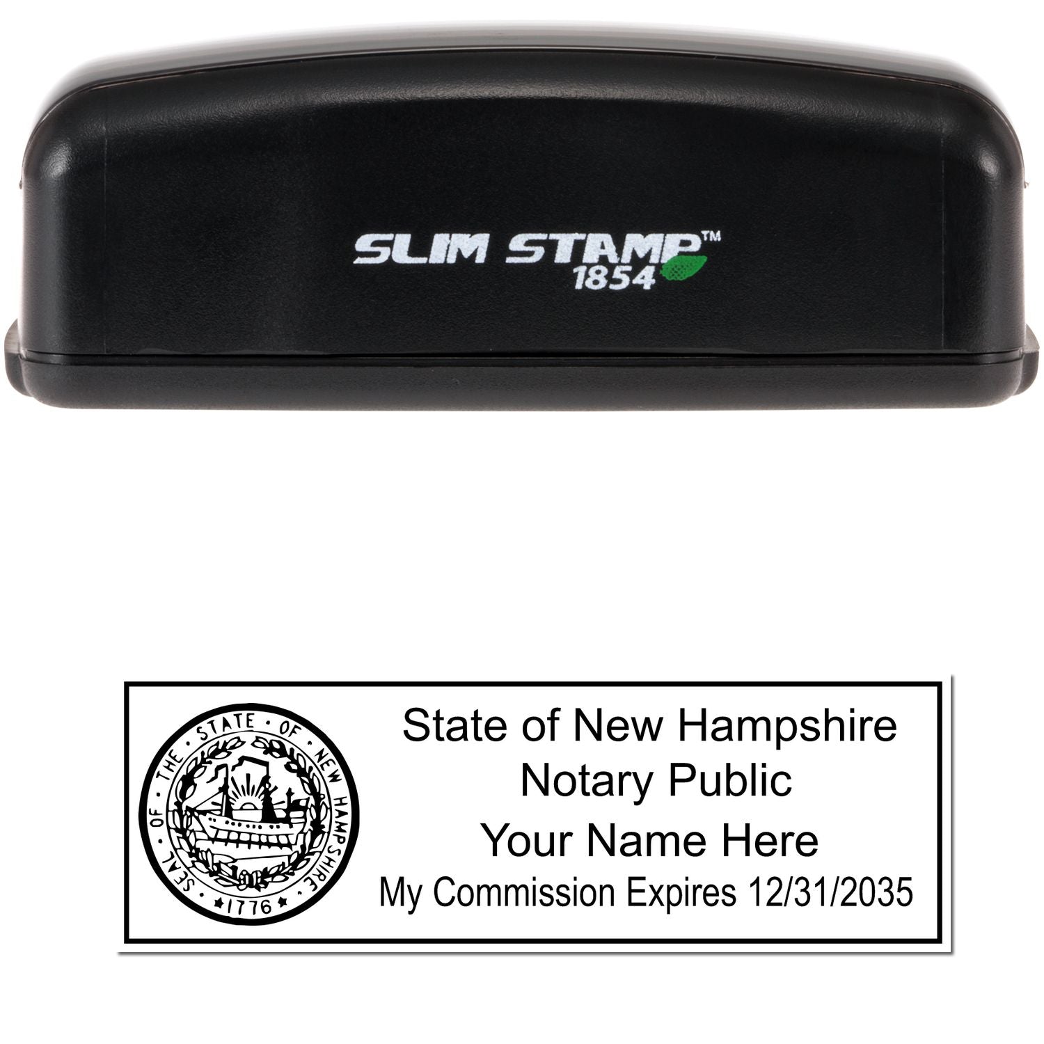 The main image for the Slim Pre-Inked State Seal Notary Stamp for New Hampshire depicting a sample of the imprint and electronic files