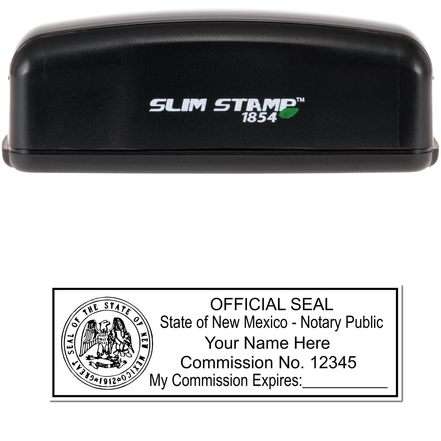 The main image for the Slim Pre-Inked State Seal Notary Stamp for New Mexico depicting a sample of the imprint and electronic files