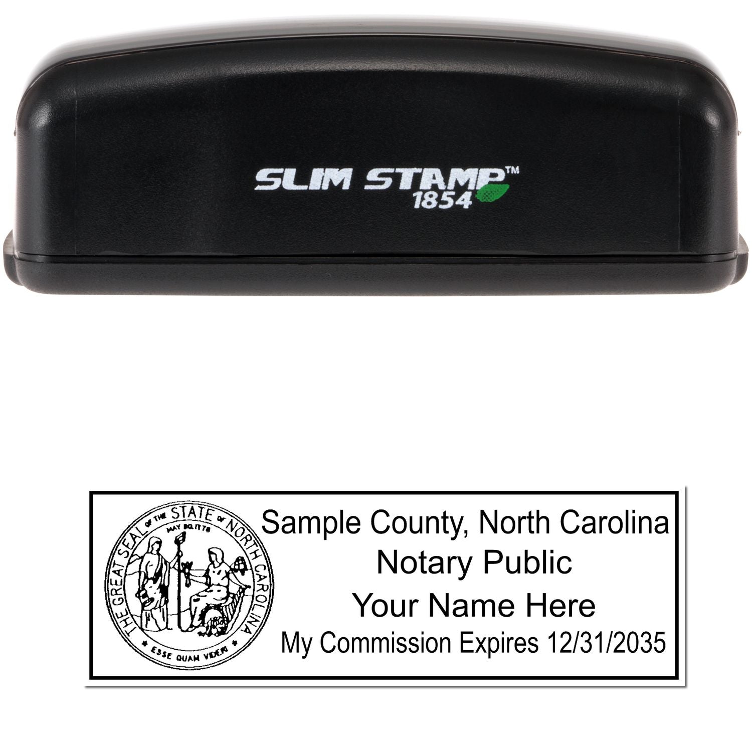 The main image for the Slim Pre-Inked State Seal Notary Stamp for North Carolina depicting a sample of the imprint and electronic files