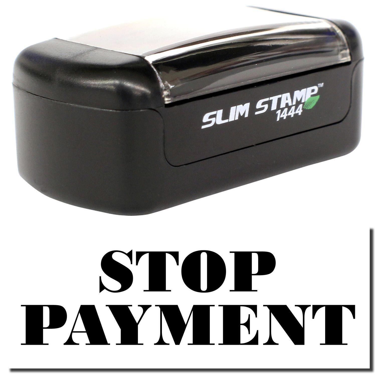 Slim Pre-Inked Stop Payment Stamp with black casing and clear cover, featuring bold STOP PAYMENT text below the stamp.