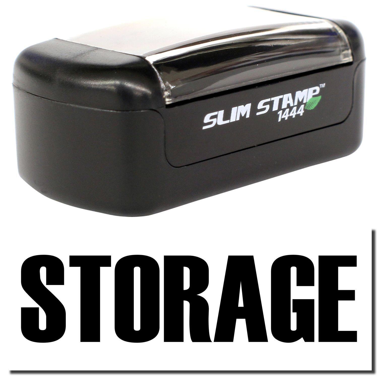 Slim Pre-Inked Storage Stamp in black with a clear cover, labeled 'SLIM STAMP 1444', and the word 'STORAGE' in bold below.