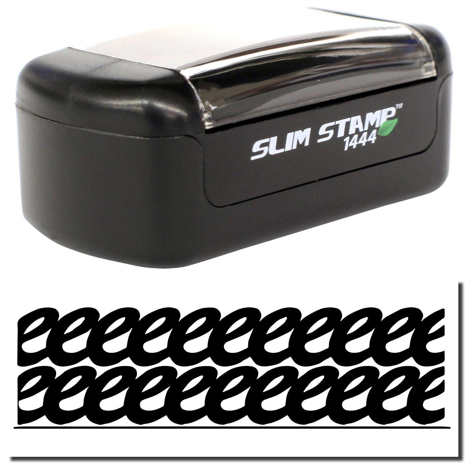 Slim Pre-Inked Strikeout Stamp with black casing, shown with a sample of strikeout marks it produces.