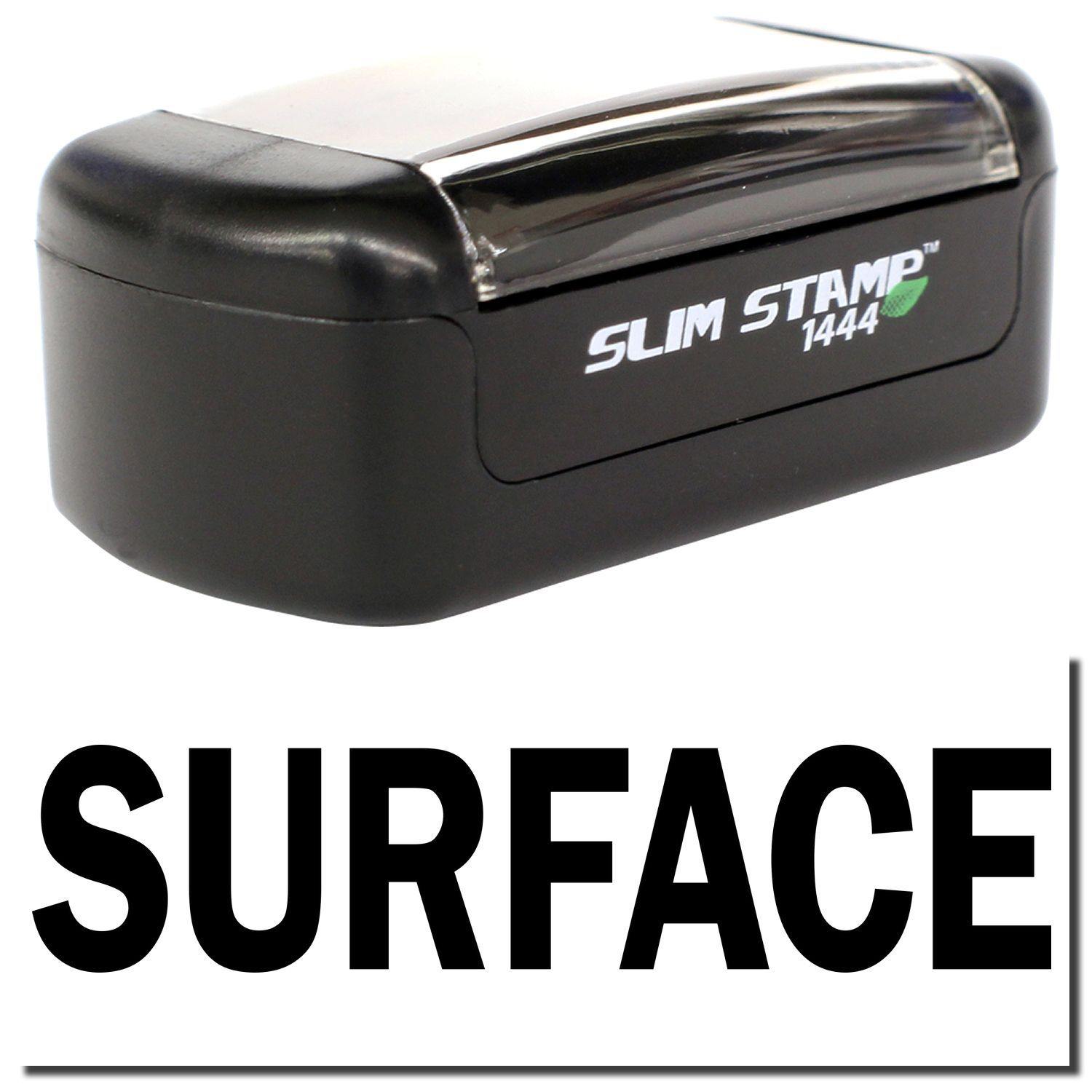 Slim Pre-Inked Surface Stamp in black, compact design with clear cover, and the word SURFACE in bold black letters below.