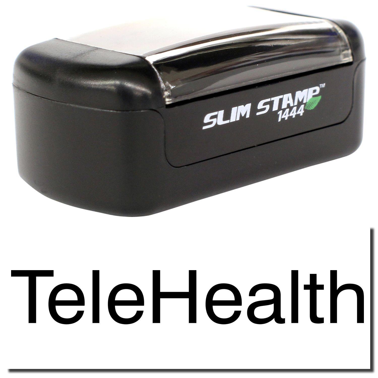 Slim Pre-Inked Telehealth Stamp, black, compact design with TeleHealth text, ideal for efficient and clear stamping.