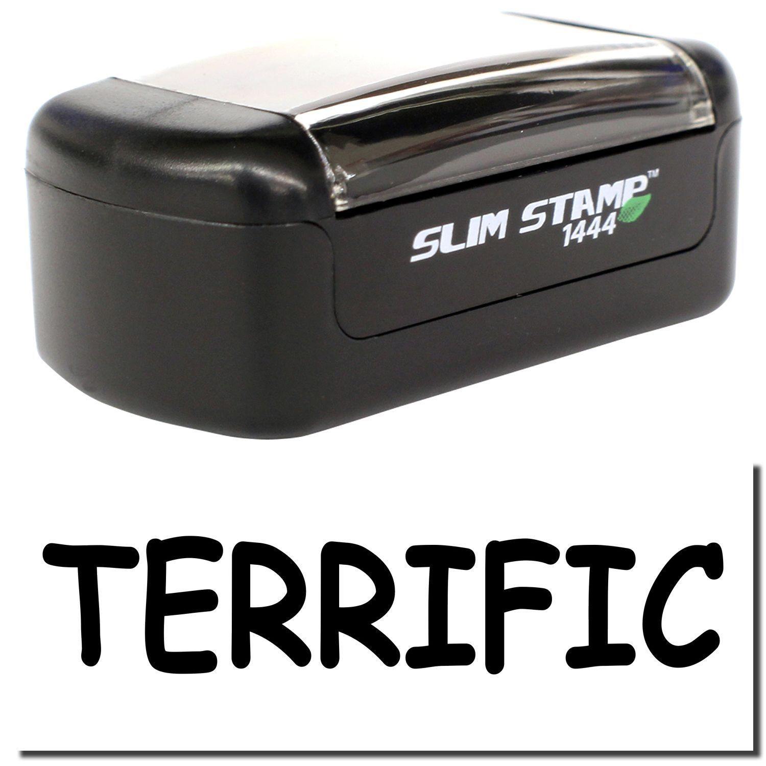 Slim Pre-Inked Terrific Stamp in black with a clear cover, displaying the word TERRIFIC in bold black letters.