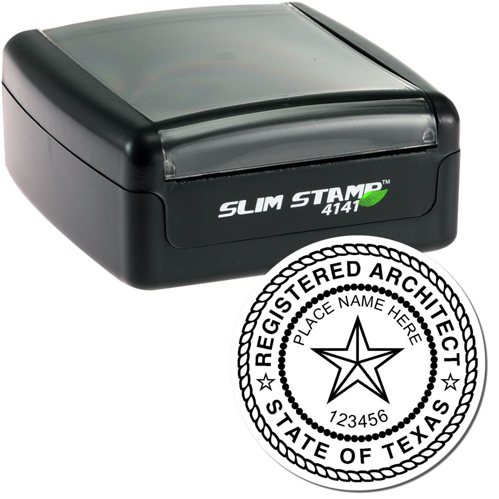 The main image for the Slim Pre-Inked Texas Architect Seal Stamp depicting a sample of the imprint and electronic files