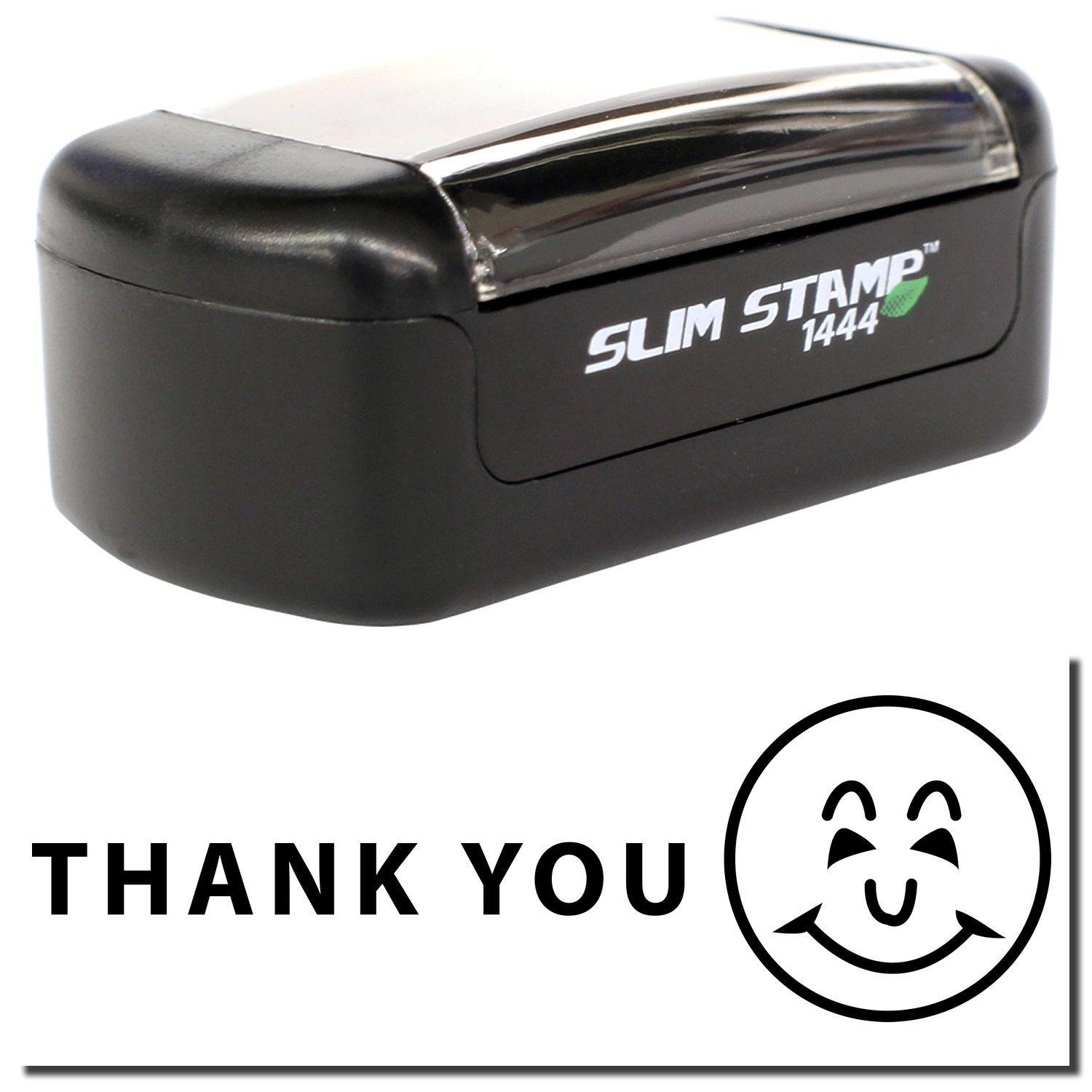 Slim Pre-Inked Thank You with Smiley Stamp in black, featuring a smiley face and 'Thank You' text on the stamp impression.