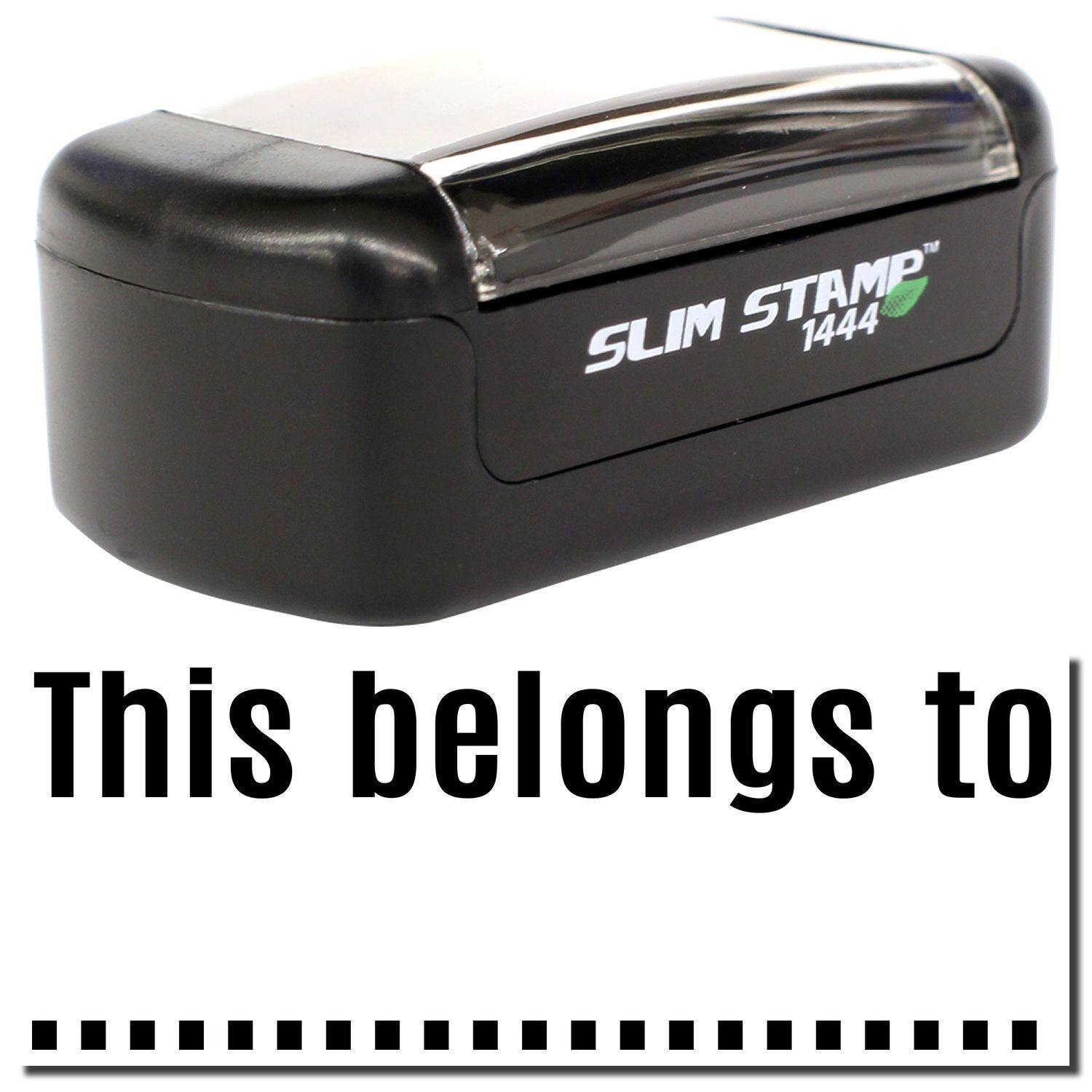 Slim Pre-Inked This belongs to stamp with a black casing and clear cover, ready for personalizing items.