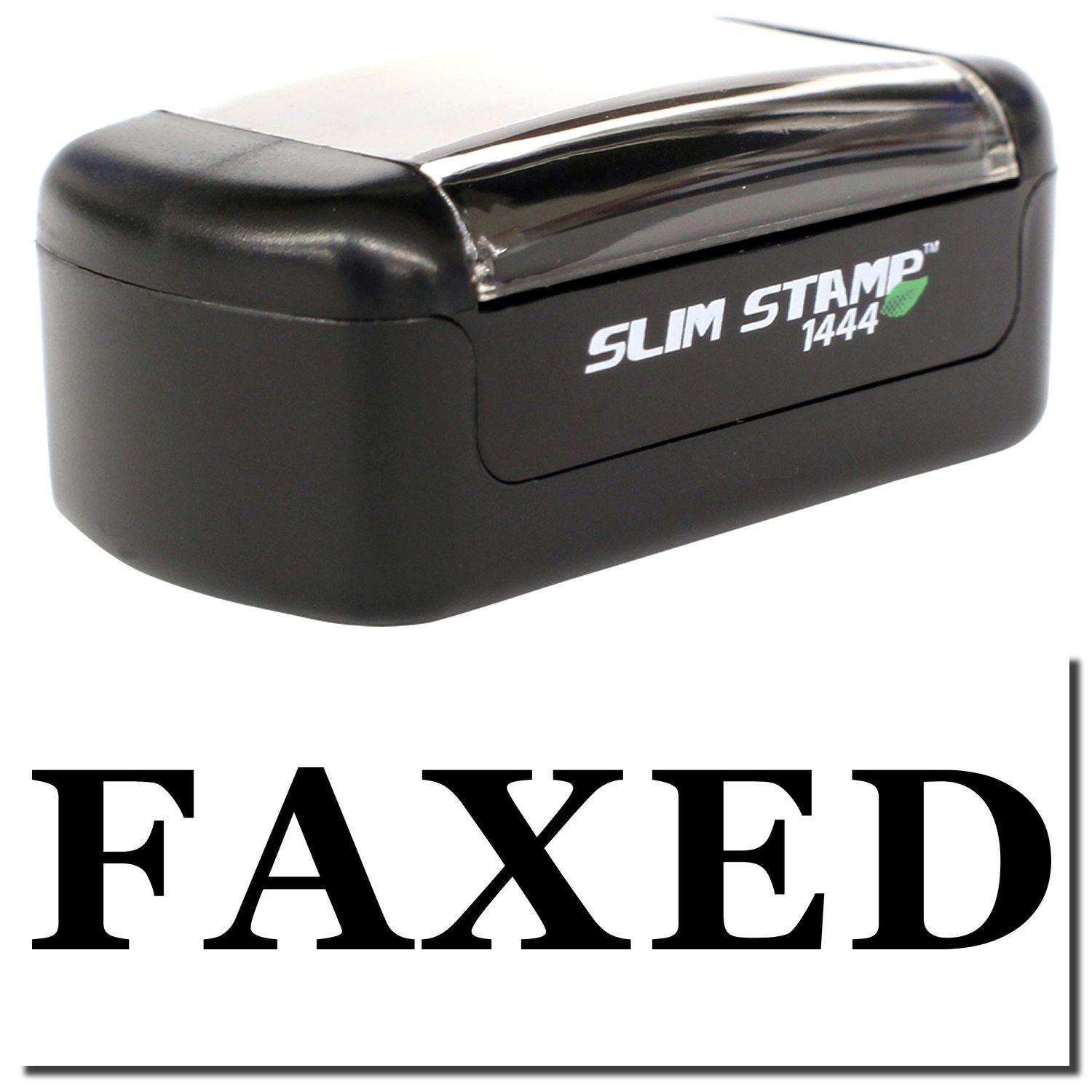 Slim Pre-Inked Times Faxed Stamp in black, with a clear cover, and the word FAXED stamped below in bold black letters.