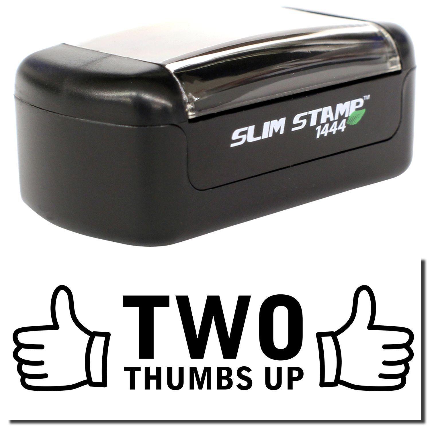 Slim Pre-Inked Two Thumbs Up with Thumb Icon Stamp, black, compact design with clear cover and TWO THUMBS UP text and icons.