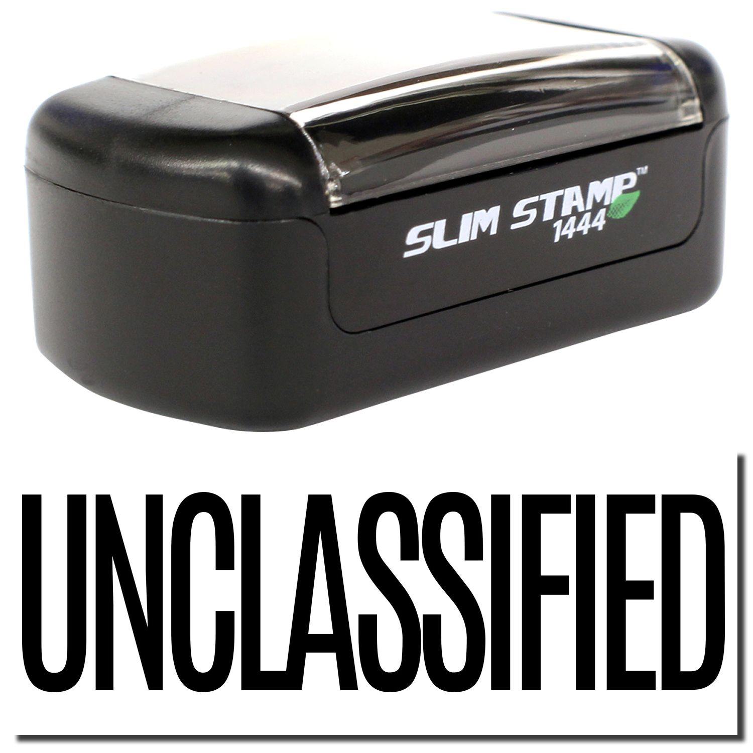 Slim Pre-Inked Unclassified Stamp with black casing and clear cover, displaying the word UNCLASSIFIED in bold black letters.