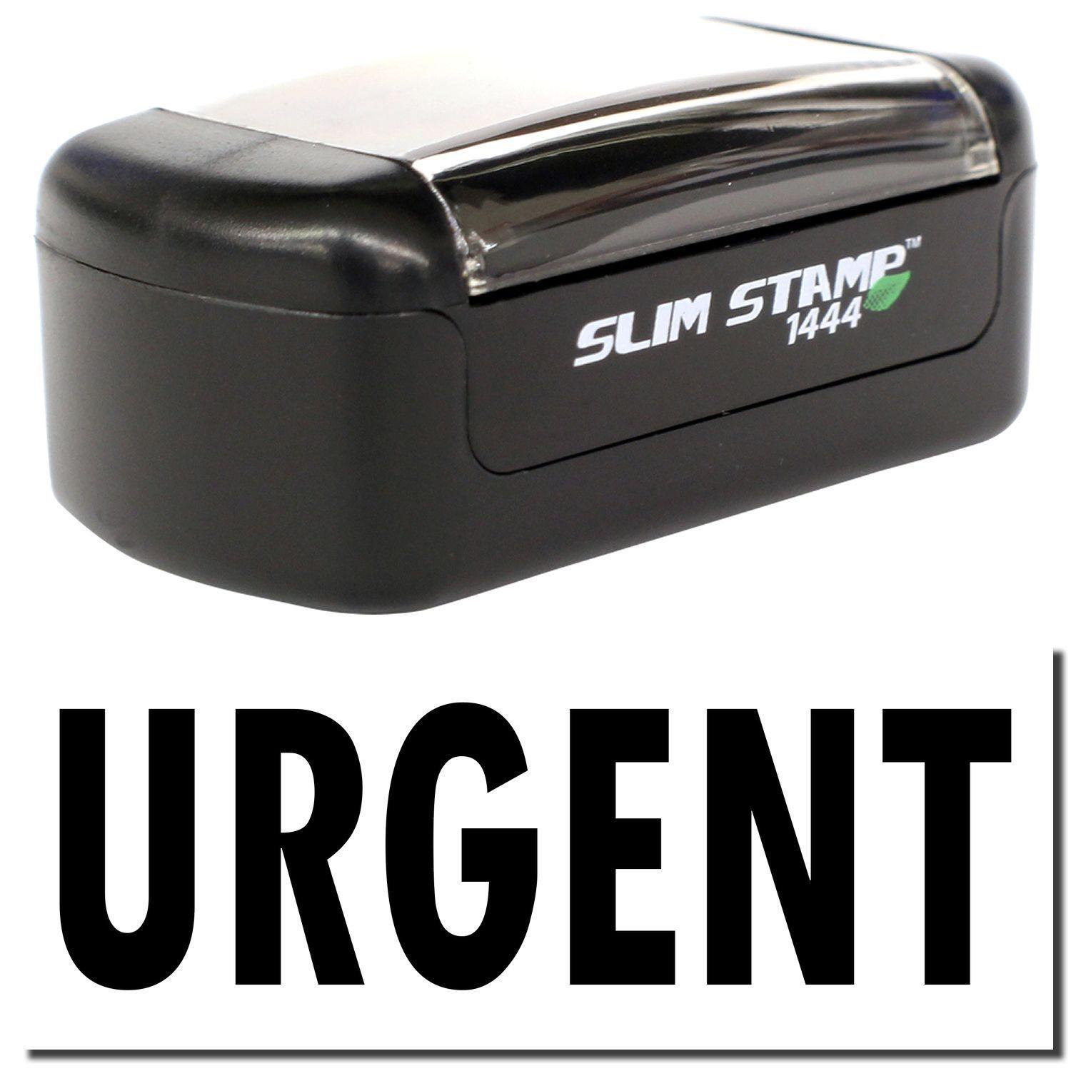 Slim Pre-Inked Urgent Stamp in black, with the word URGENT stamped below. Compact design, ideal for quick, clear marking.