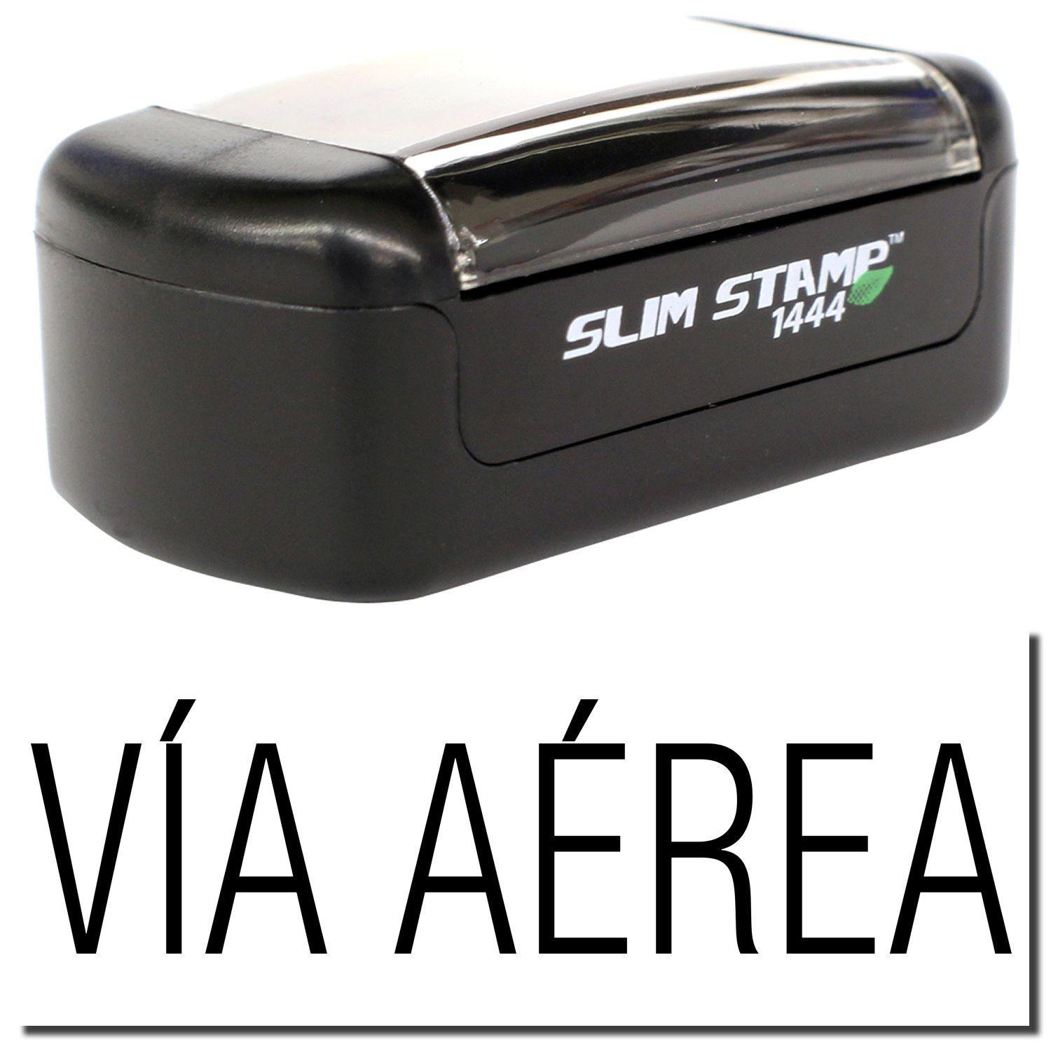 Slim Pre-Inked Via Aerea Stamp with black casing and clear top, featuring the text 'VÍA AÉREA' in bold letters below the stamp.