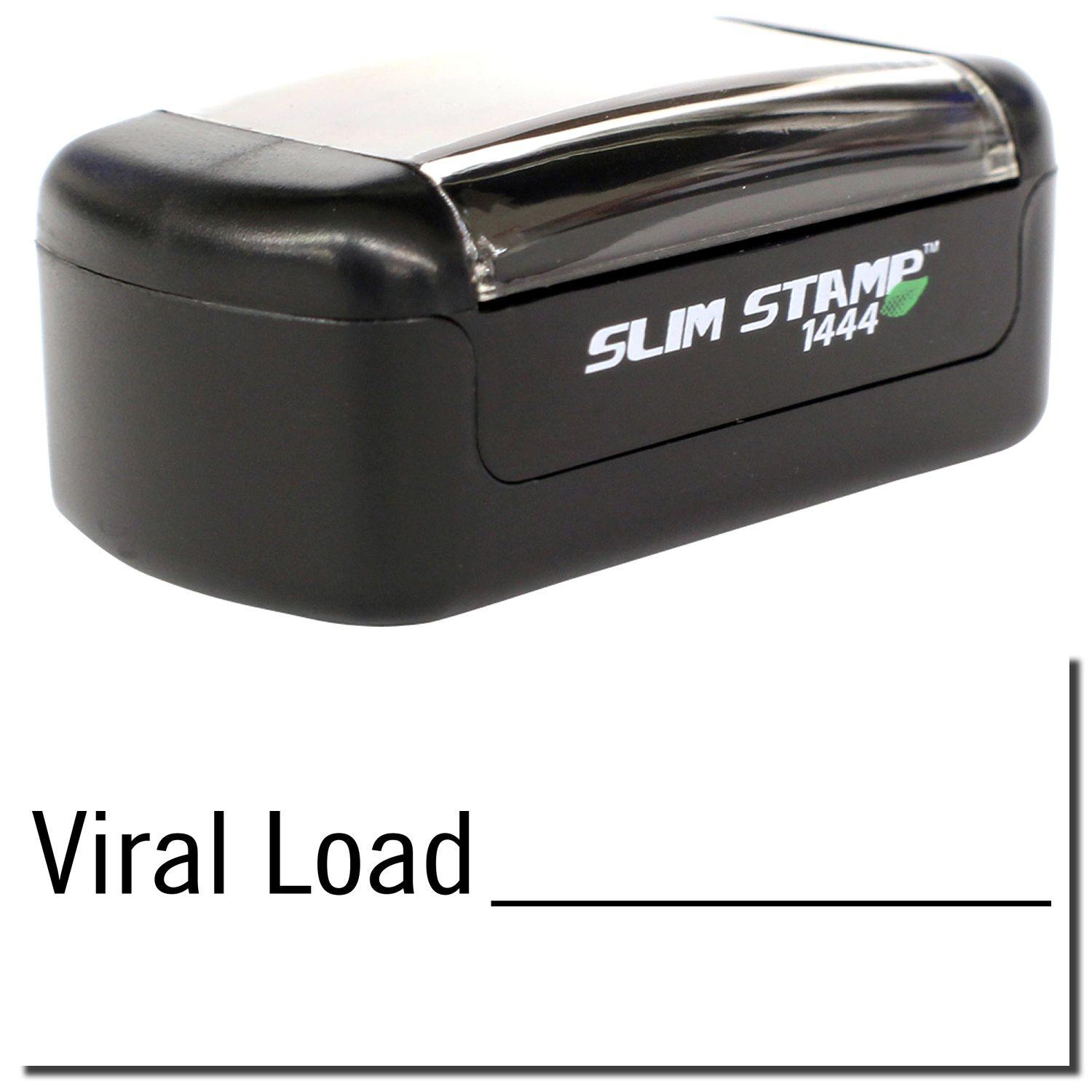 Slim Pre-Inked Viral Load Stamp, black, compact design, with clear cover and 'SLIM STAMP 1444' text on the side.