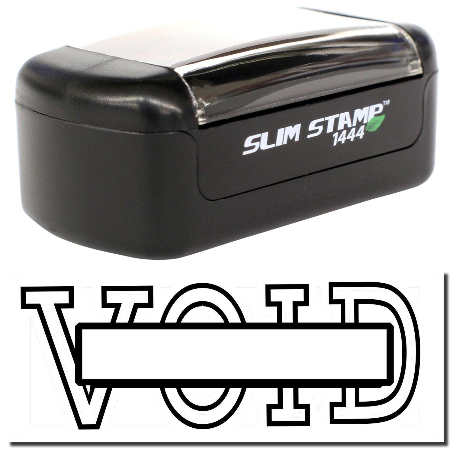 A slim pre-inked stamp with a stamped image showing how the text VOID in a large outline font with the box is displayed.