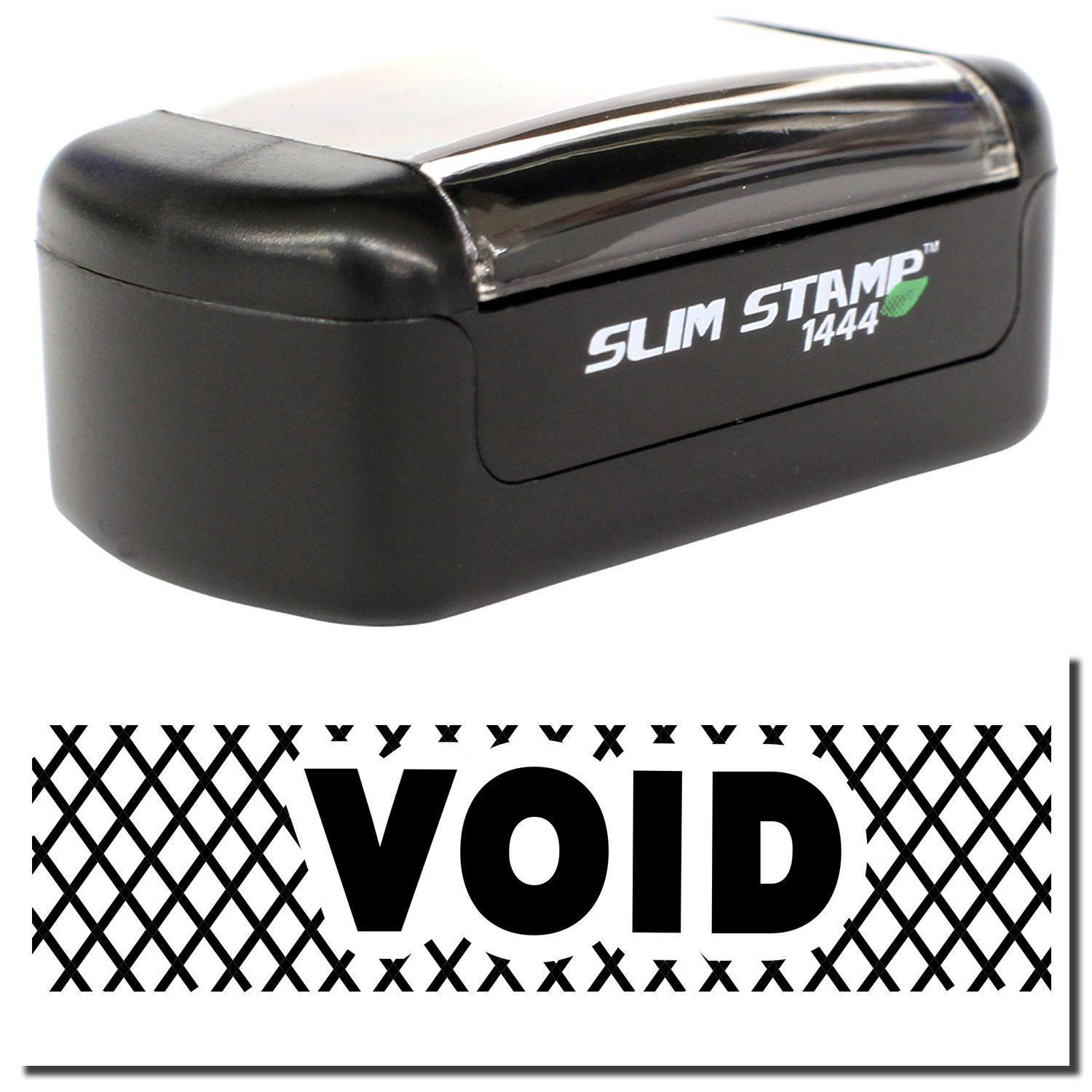 Slim Pre-Inked Void with Strikelines Stamp in black, showing the stamp impression with the word VOID and strikelines.