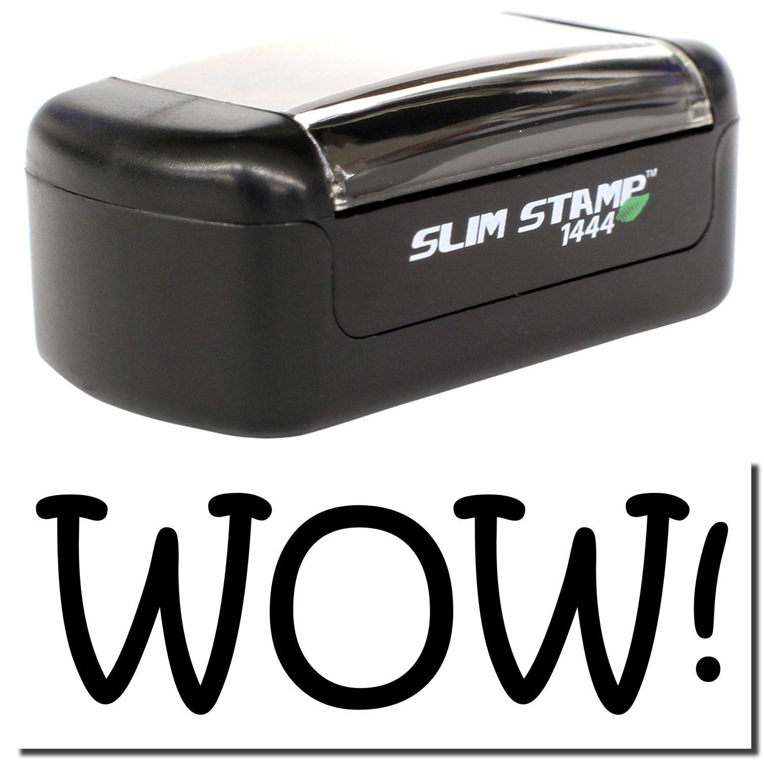 Slim Pre-Inked WOW Stamp in black with clear cover, featuring the word 'WOW!' in bold black letters below the stamp.