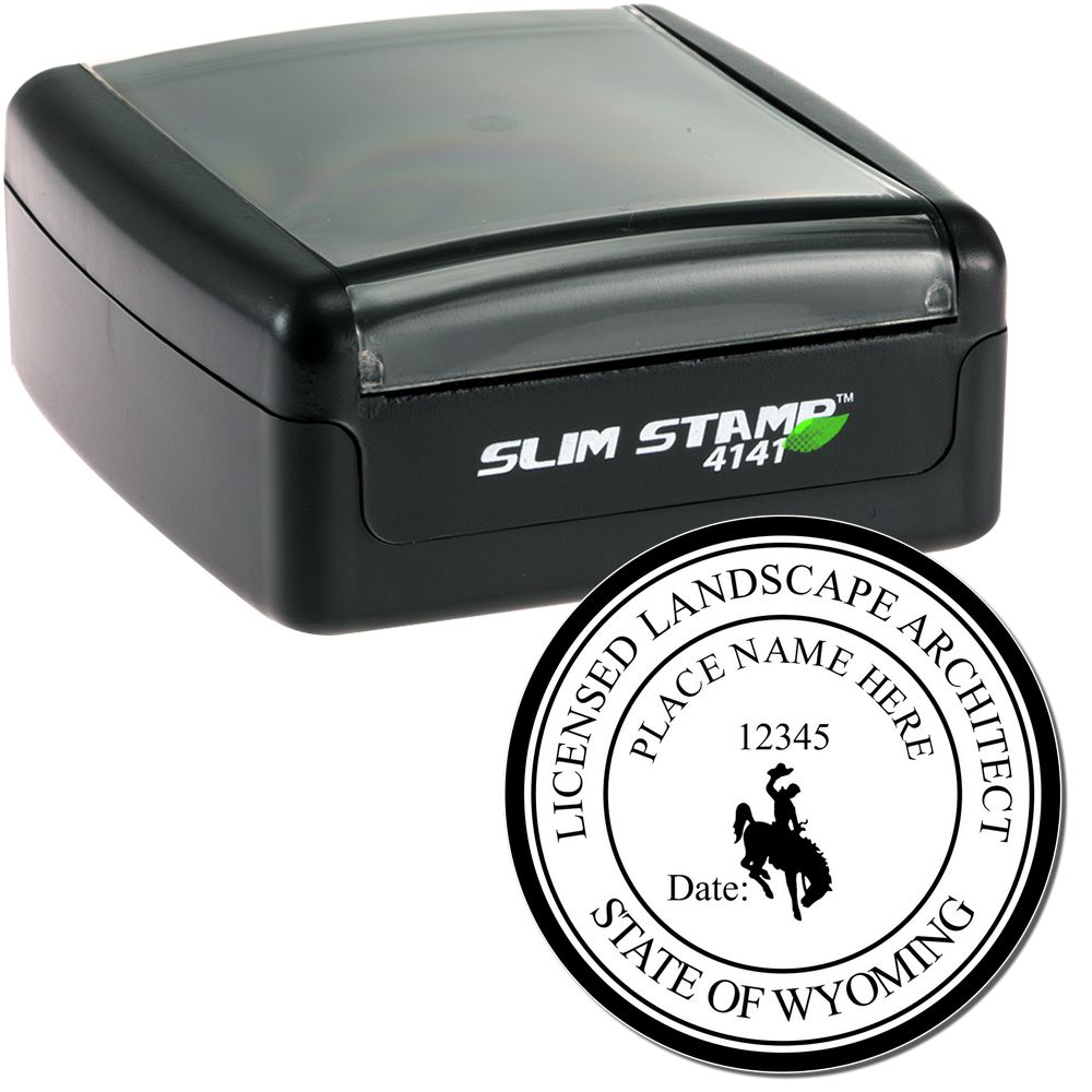 The main image for the Slim Pre-Inked Wyoming Landscape Architect Seal Stamp depicting a sample of the imprint and electronic files