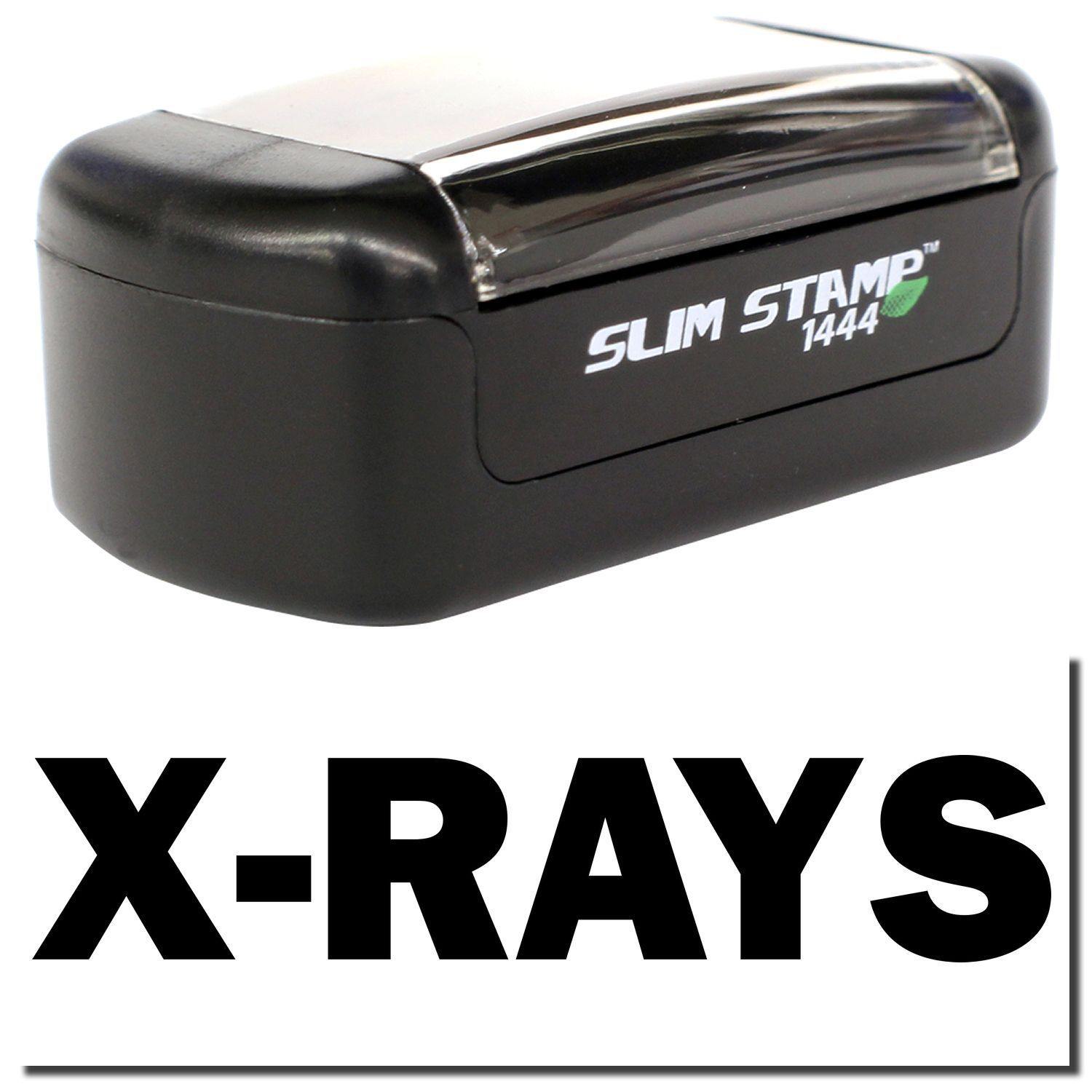 Slim Pre-Inked X-Rays Stamp in black with a clear cover, featuring bold X-RAYS text below. Compact and efficient design.