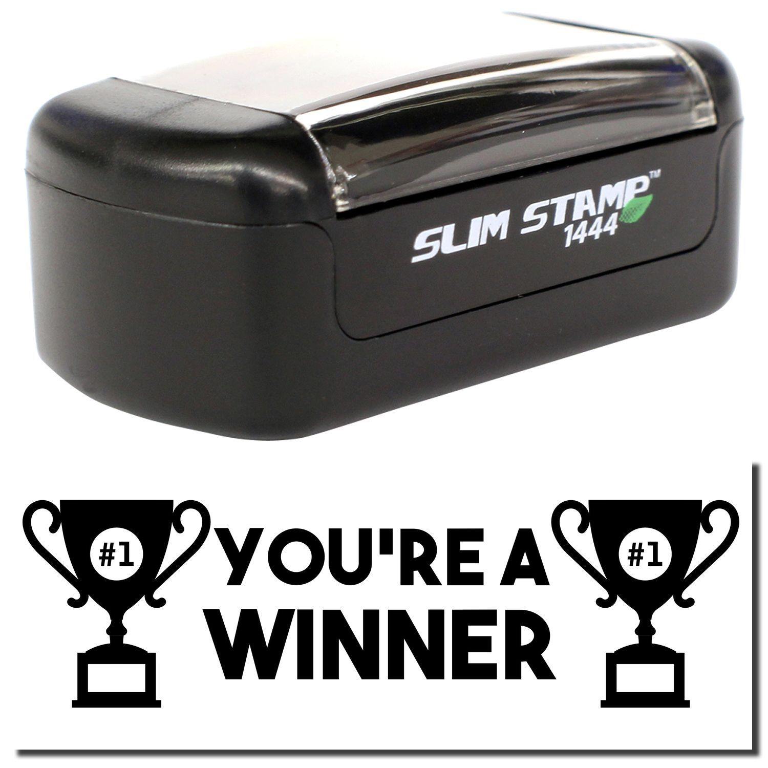 Slim Pre-Inked You're a Winner Stamp in black with a clear cover, featuring You're a Winner text and trophy icons.