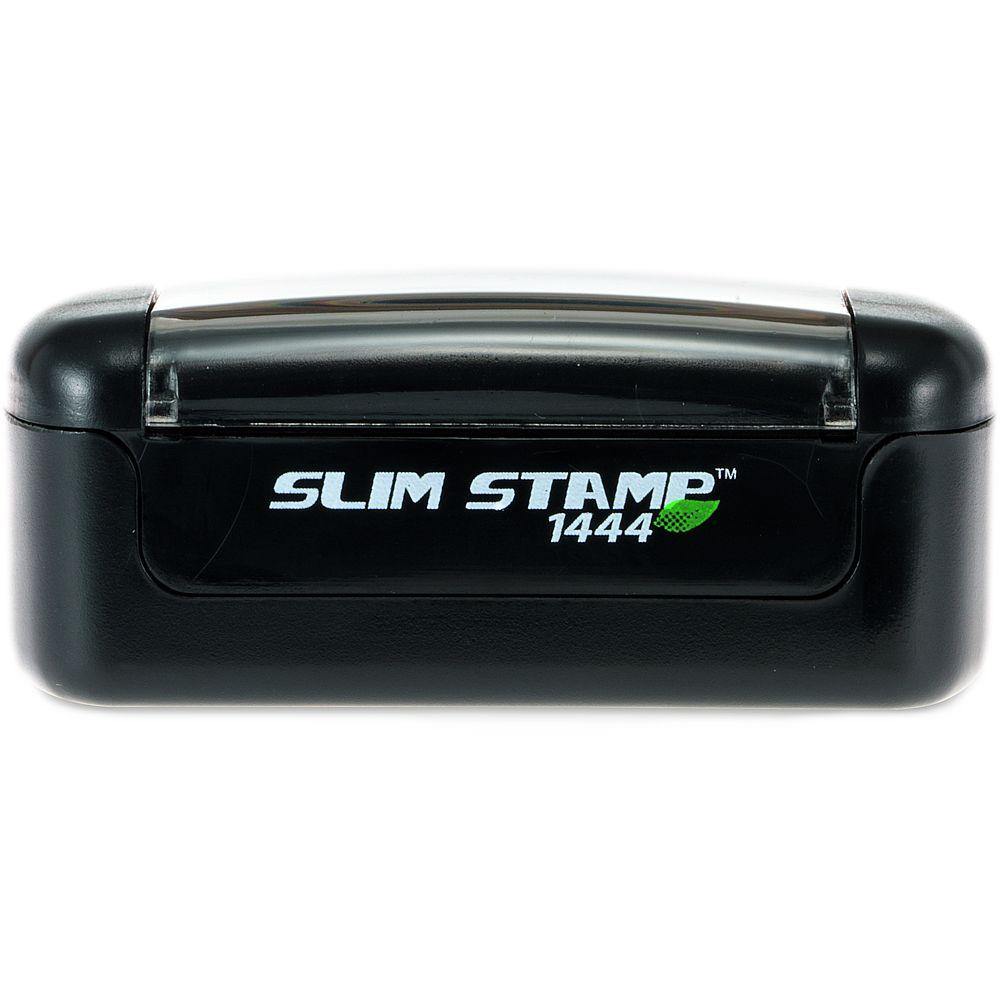 Slim Pre-Inked Please Pay Now No Statements Stamp in black casing with clear cover, labeled Slim Stamp 1444 and a green leaf icon.