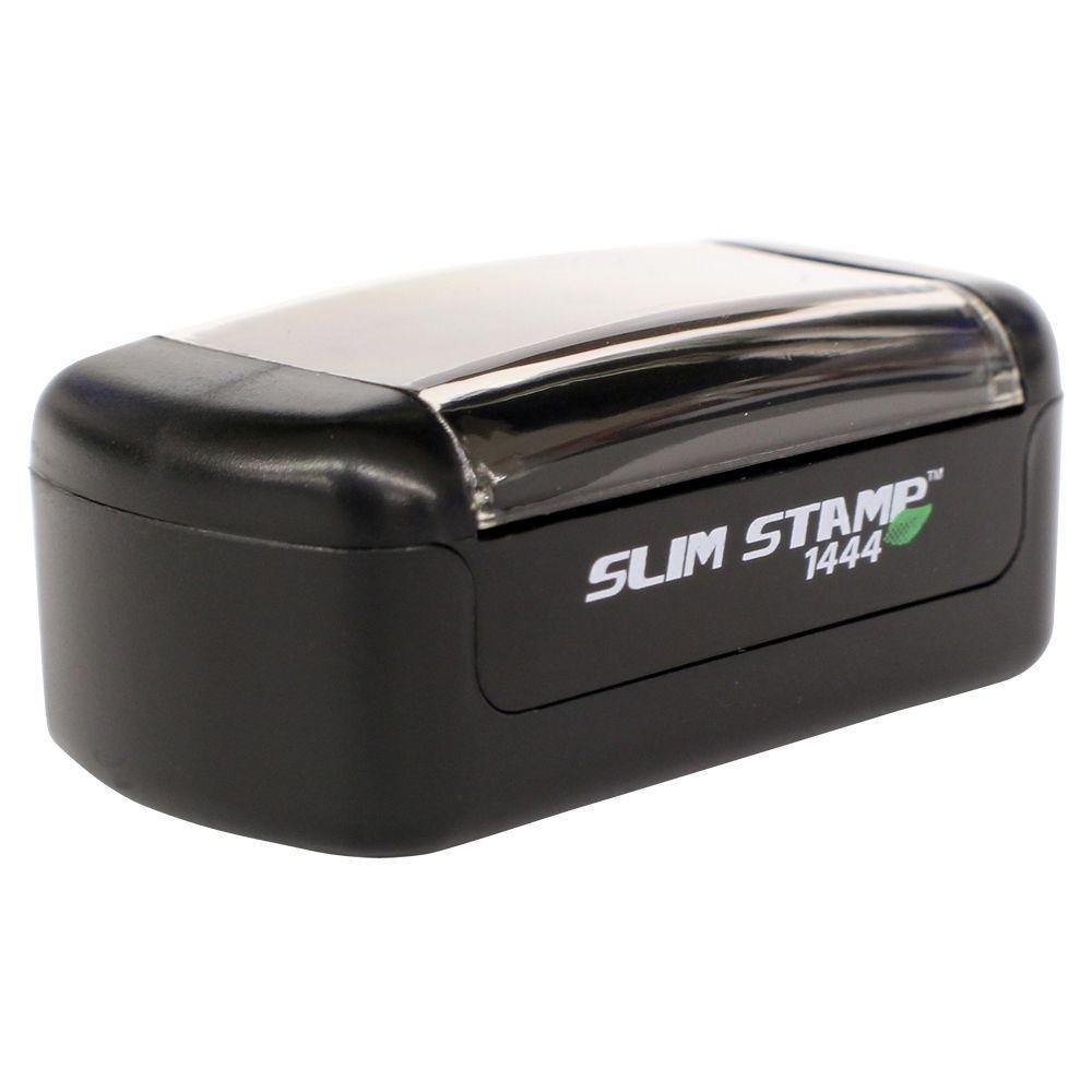 Slim Pre-Inked Spoiled Stamp with a black casing and clear top, labeled Slim Stamp 1444, on a white background.