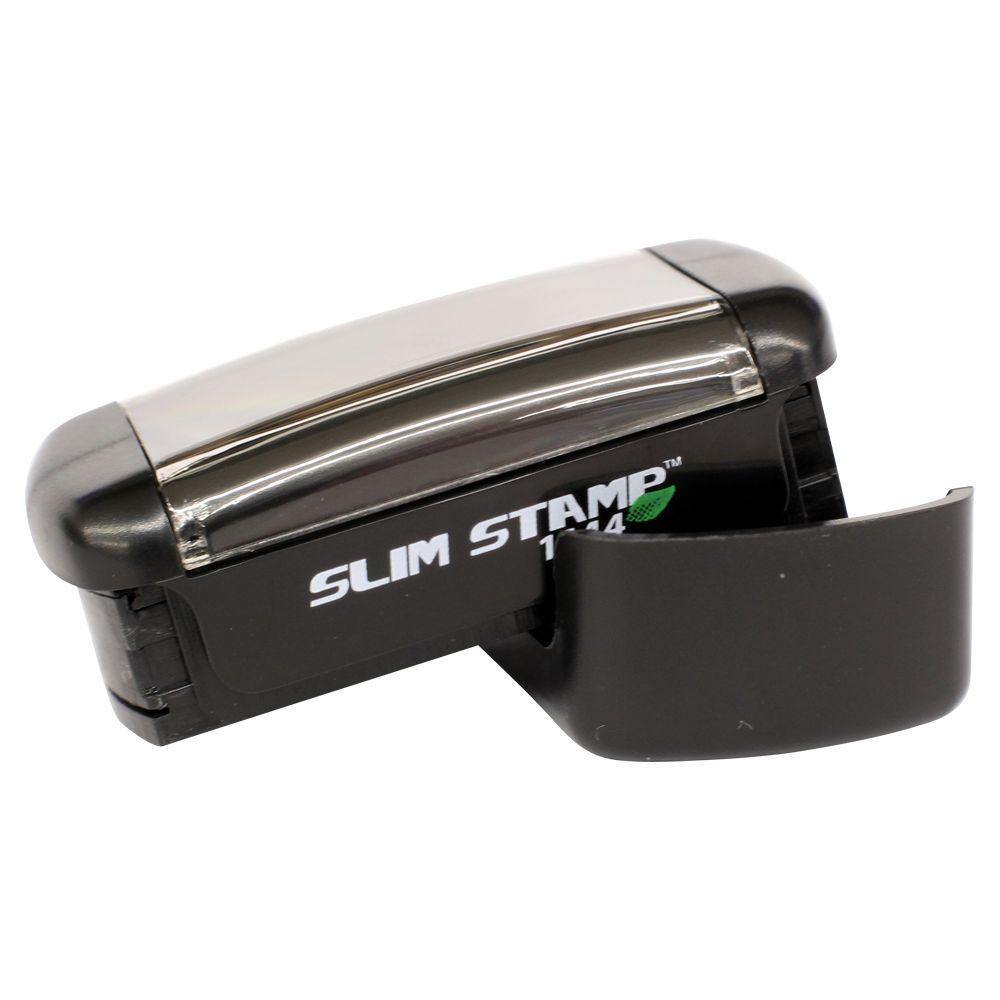 Slim Pre-Inked Restricted Area Stamp with black casing and a protective cover, designed for efficient and clear stamping.