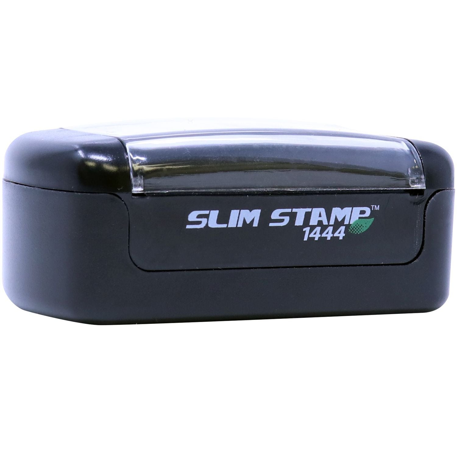 Slim Stamp 1444 Customized Pre-Inked Stamp 1/2 x 1-3/4, black casing with clear cover, shown from a front angle.