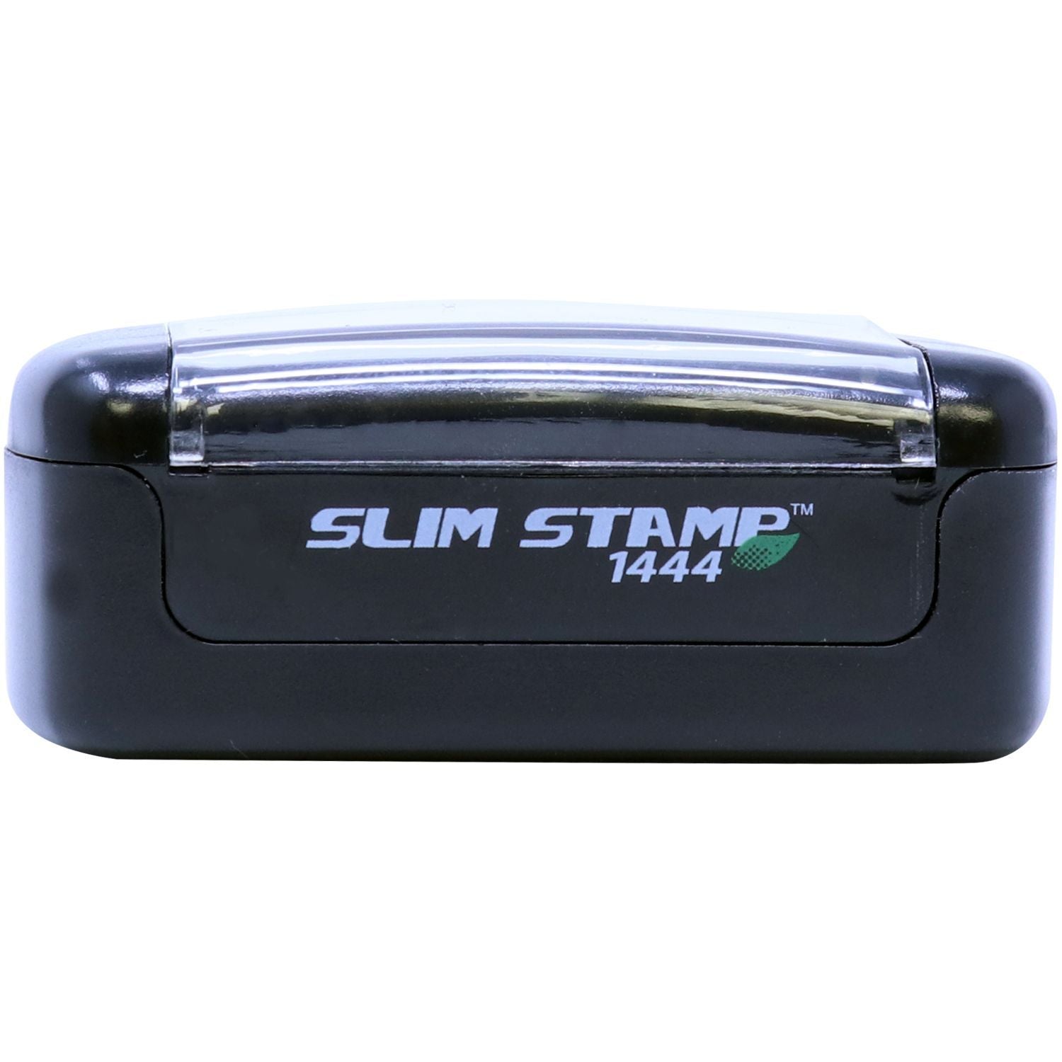 Slim Stamp 1444 Customized Pre-Inked Stamp 1/2 x 1-3/4 in black casing with clear cover, shown from the front.