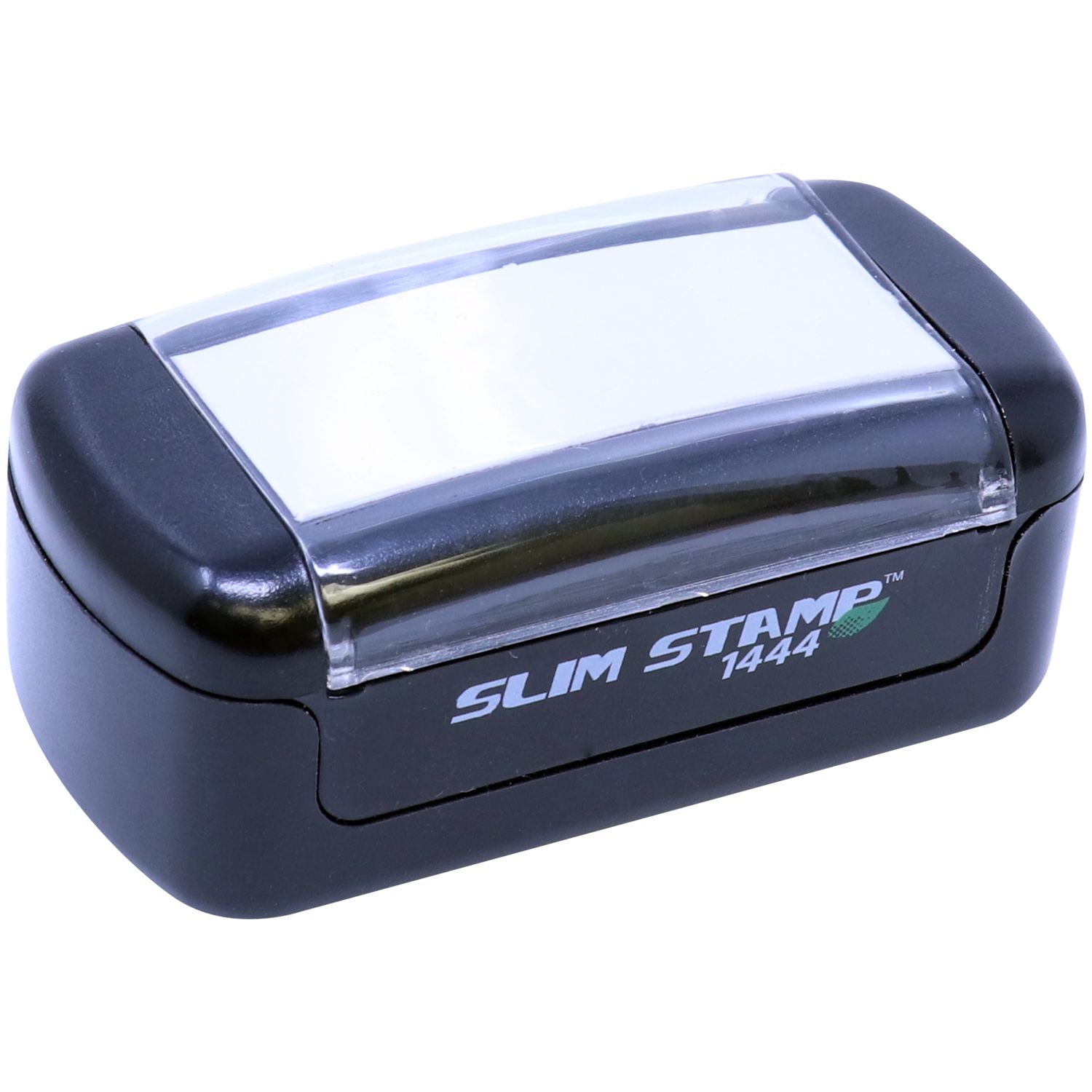 Slim Stamp 1444 Customized Pre-Inked Stamp 1/2 x 1-3/4, black casing with a clear top, compact and portable design.