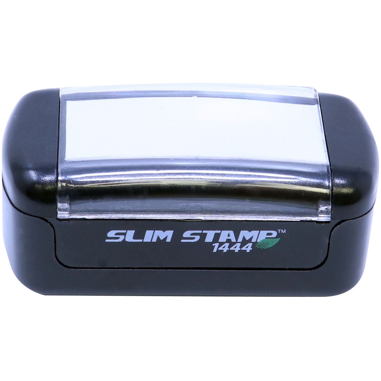 Slim Stamp 1444 Customized Pre-Inked Stamp 1/2 x 1-3/4, black casing with clear top, compact design for easy use and storage.